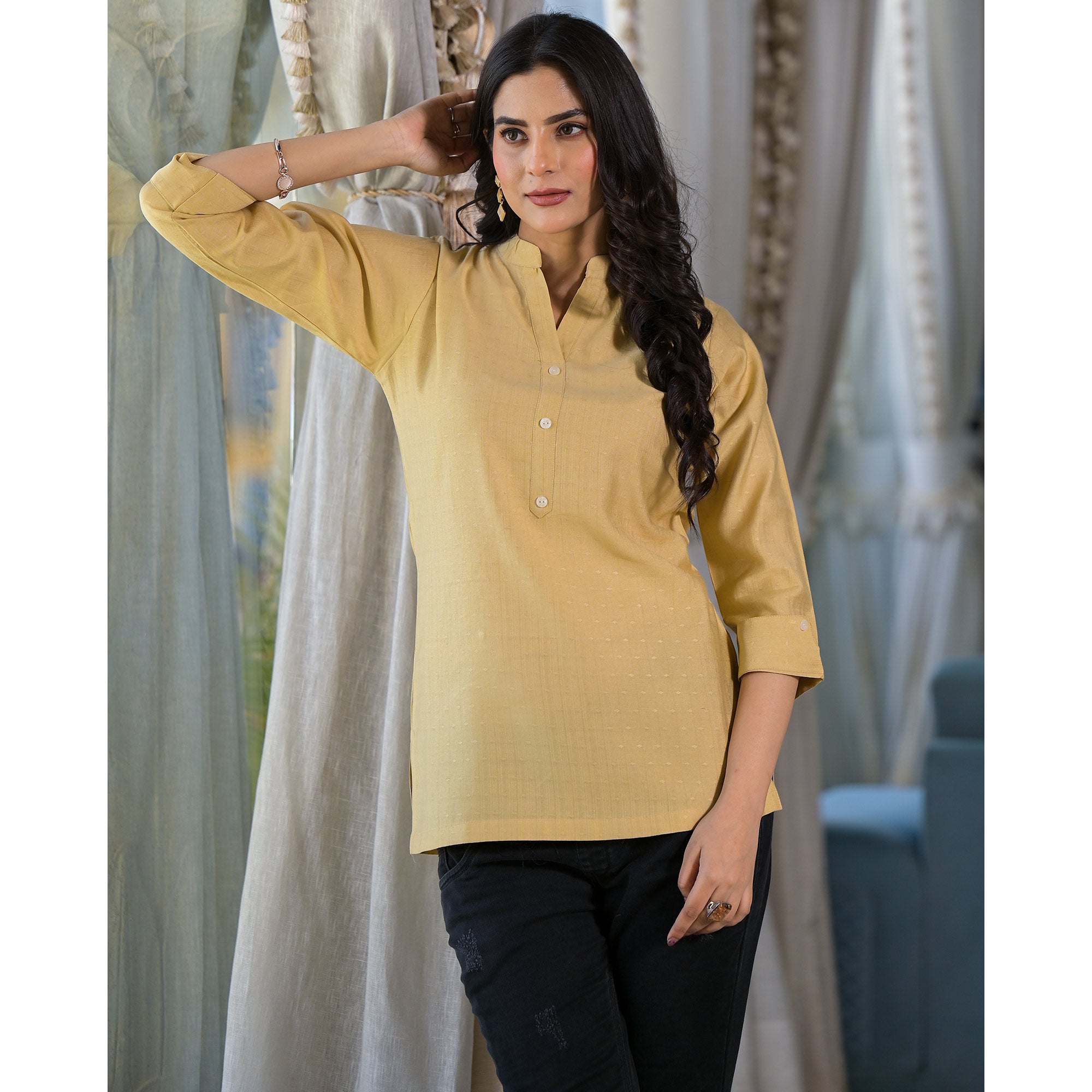 Beige Solid Cotton Silk Straight Top