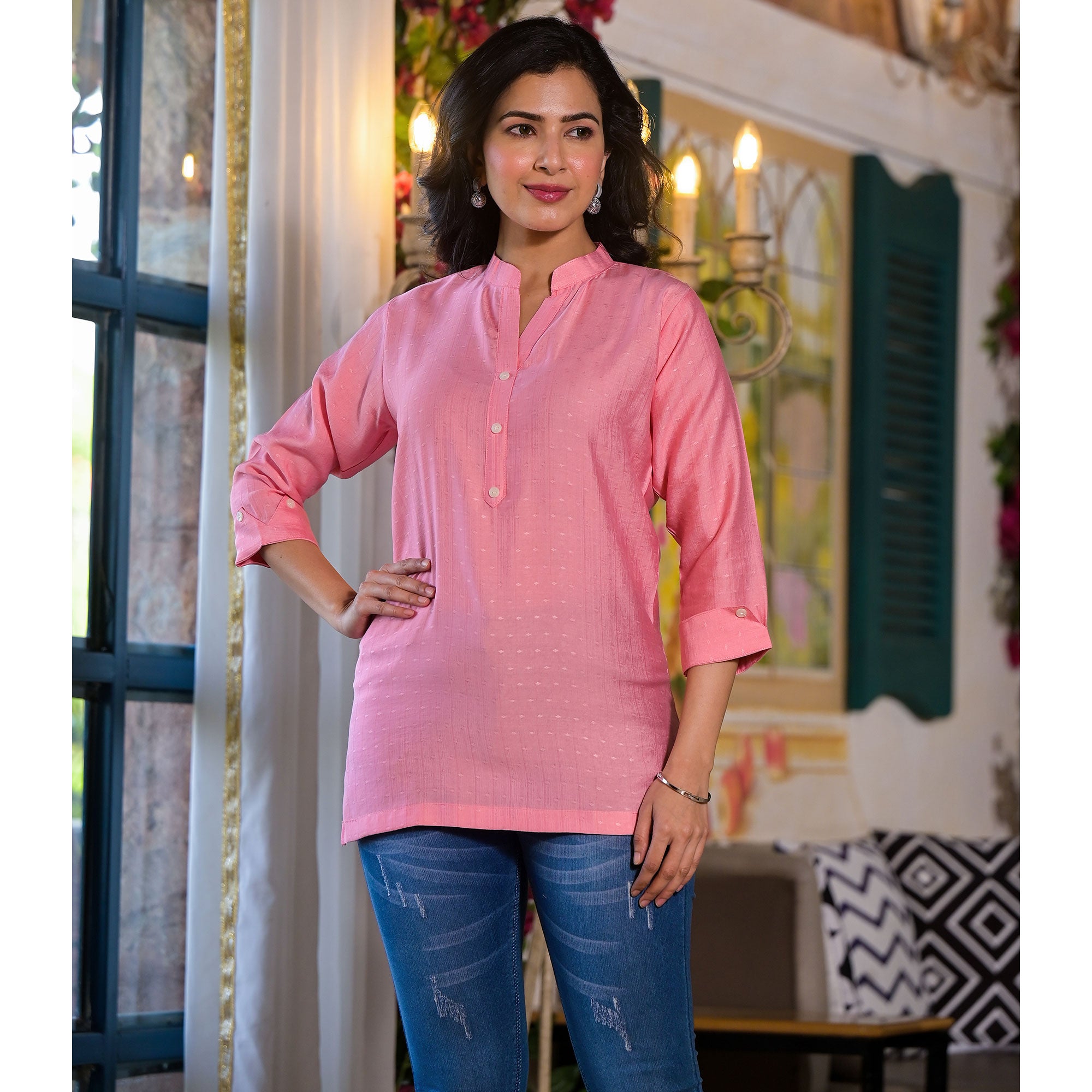 Pink Solid Cotton Silk Straight Top