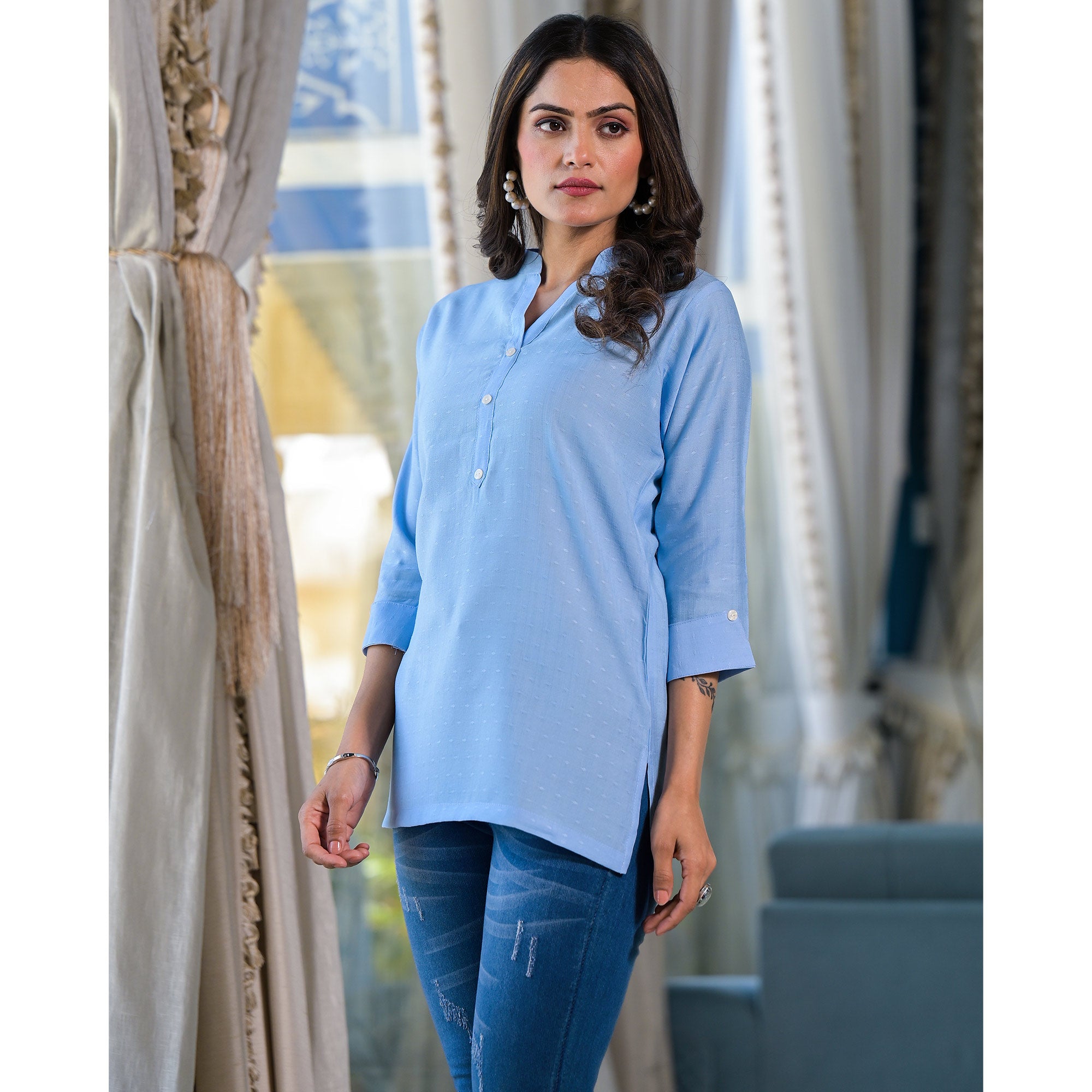 Sky Blue Solid Cotton Silk Straight Top