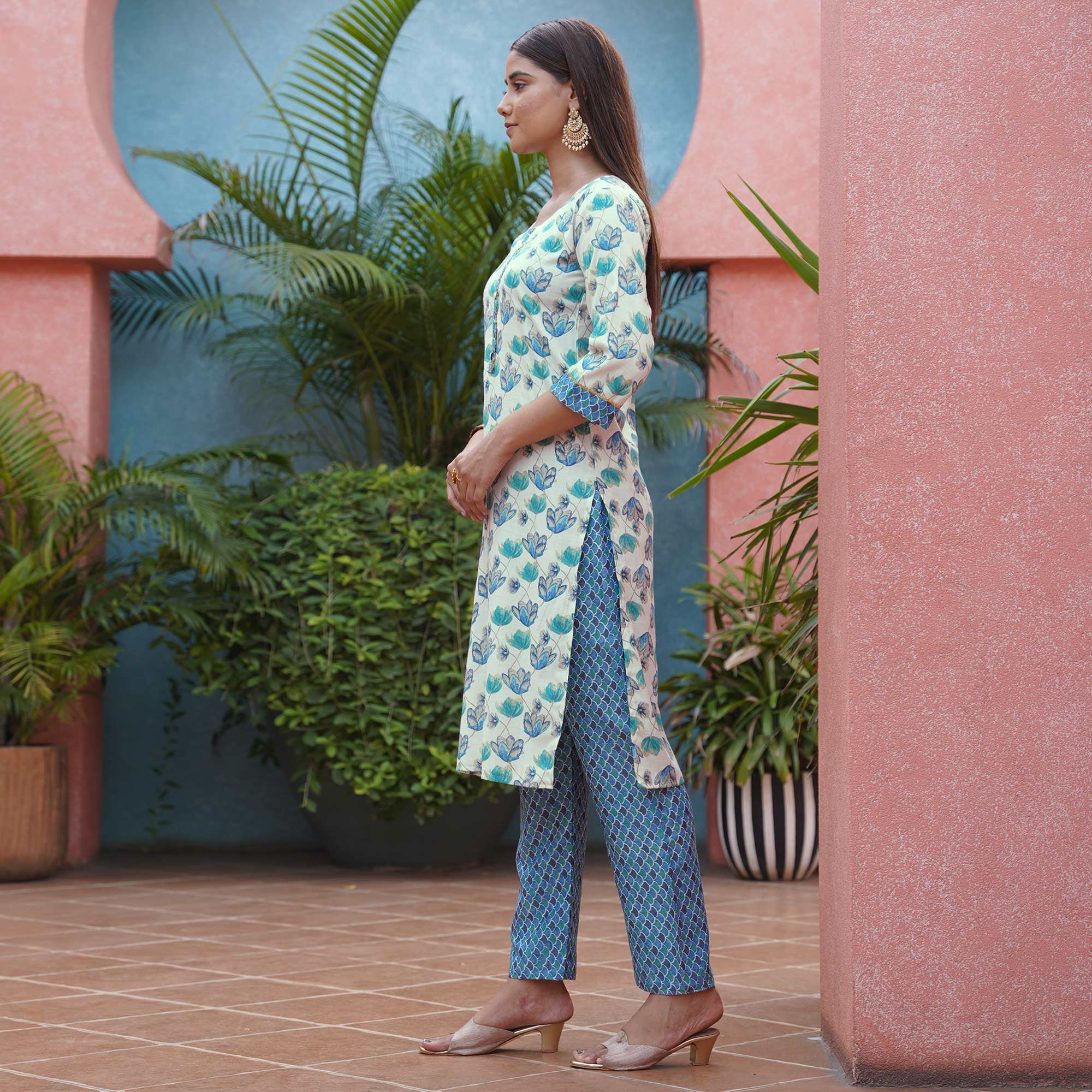 White & Blue Floral Foil Printed Pure Cotton Suit