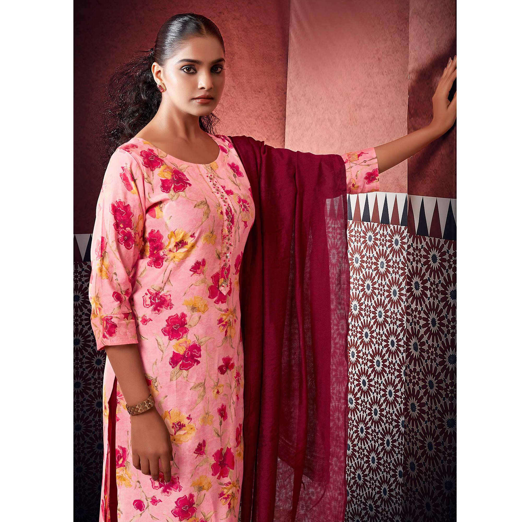 Pink Floral Foil Printed Modal Suit