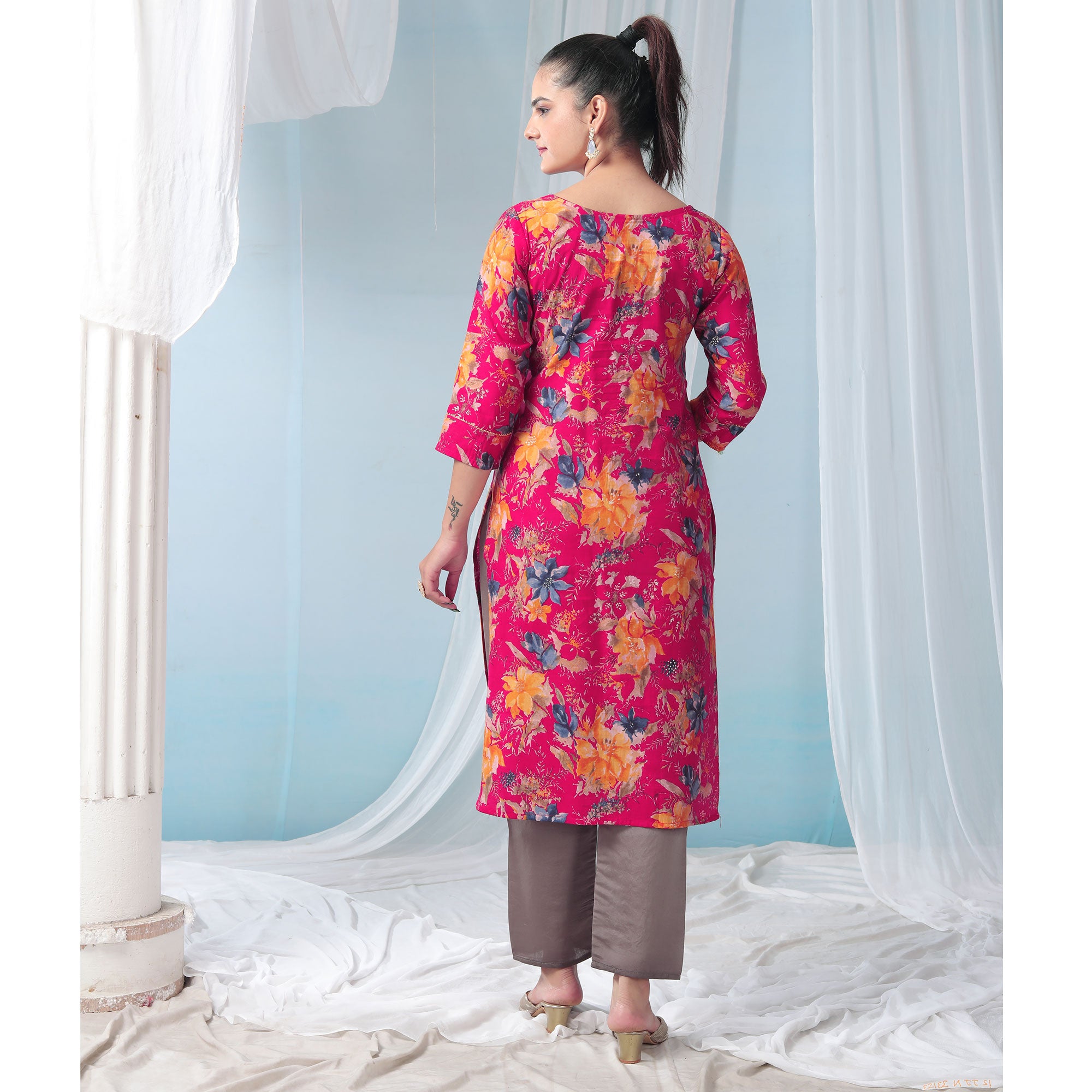 Pink Floral Foil Printed Modal Suit