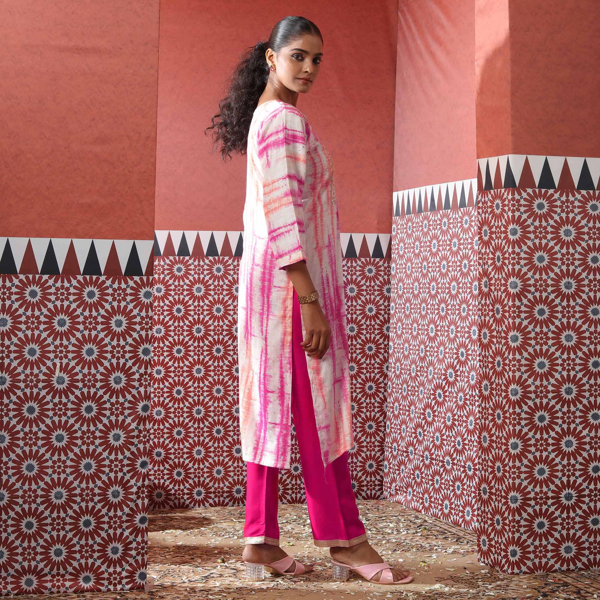 White & Pink Striped Printed Pure Cotton Suit