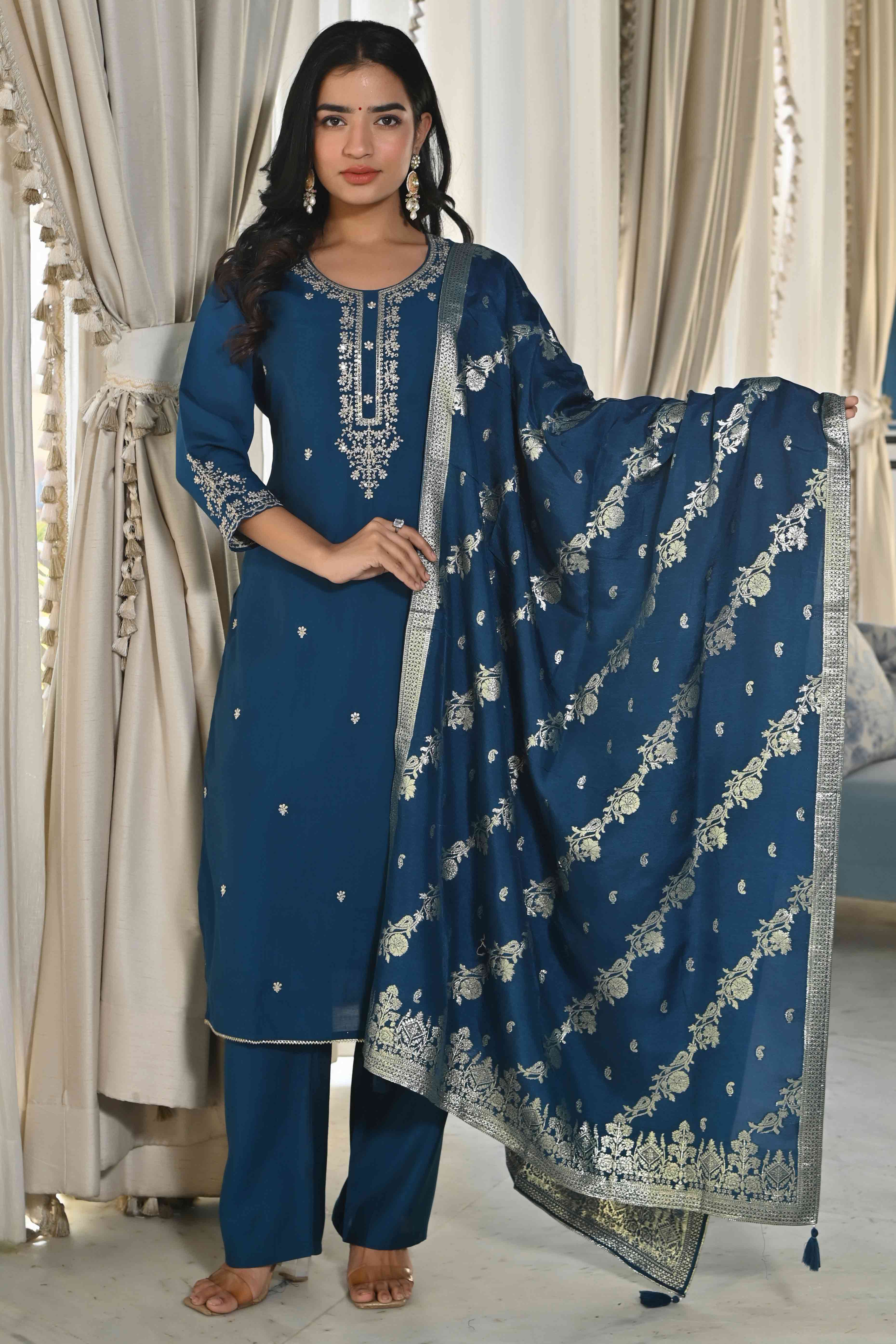 Blue Sequins Embroidered Chanderi Silk Salwar Suit
