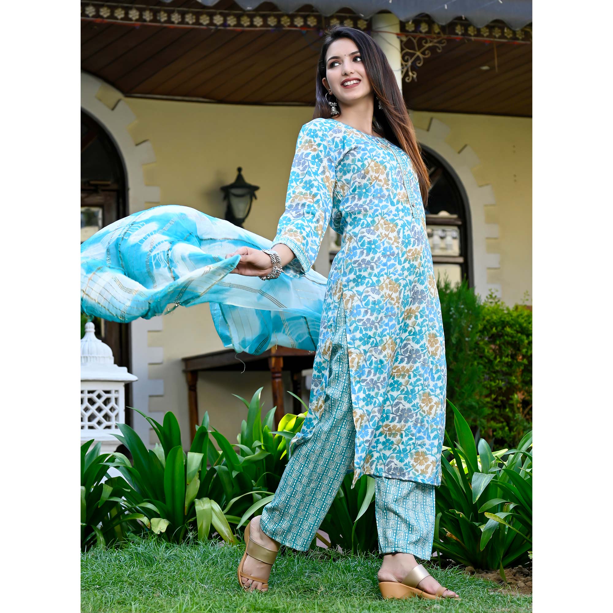 Blue Floral Printed Rayon Salwar Suit