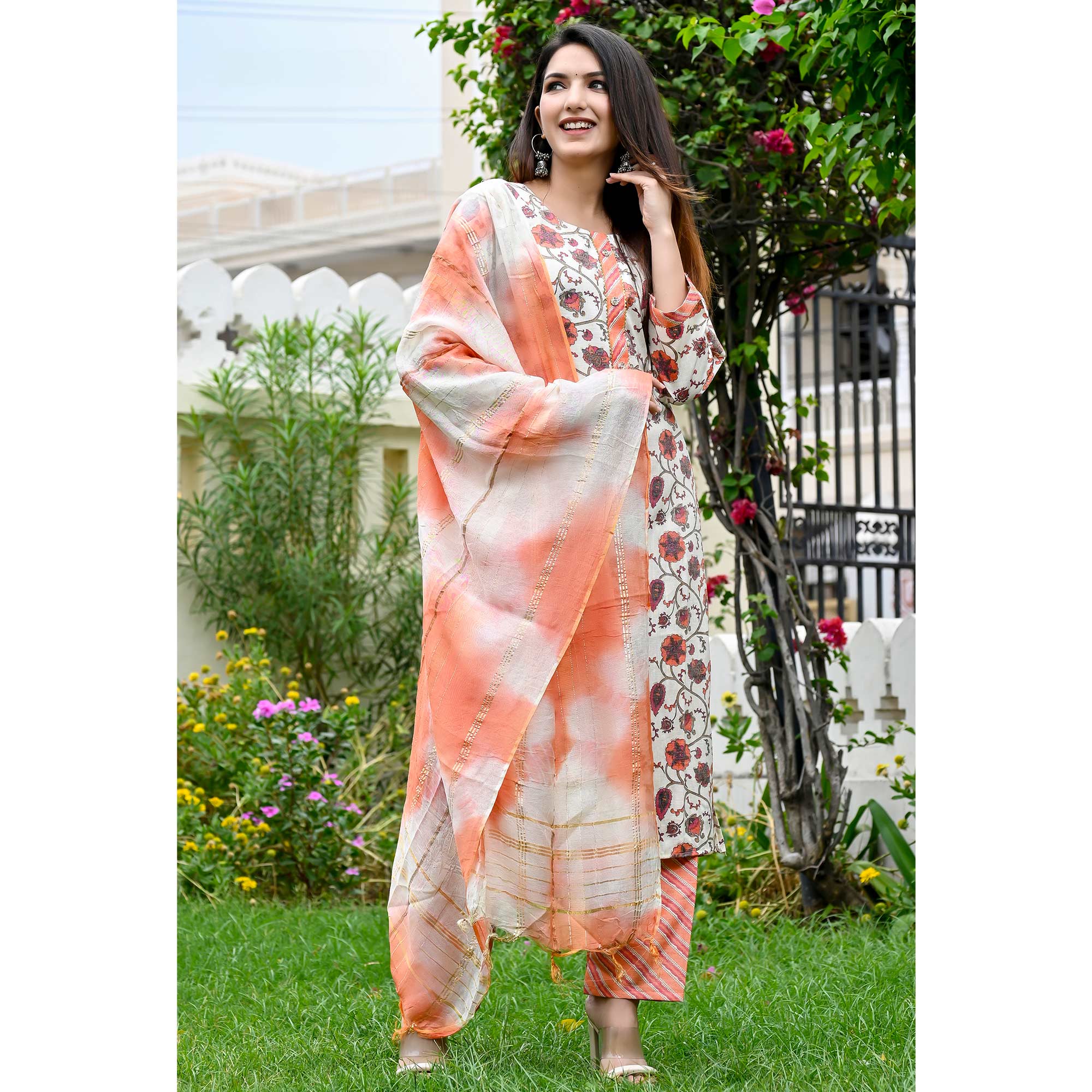 White Peach Floral Printed Rayon Salwar Suit