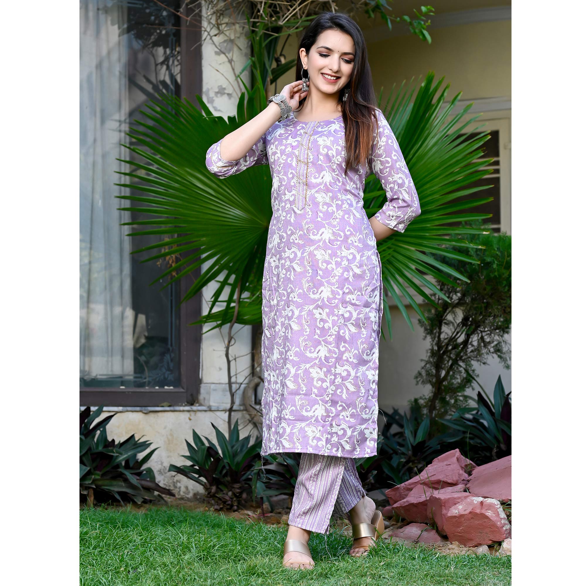 Lavender Floral Printed Rayon Suit