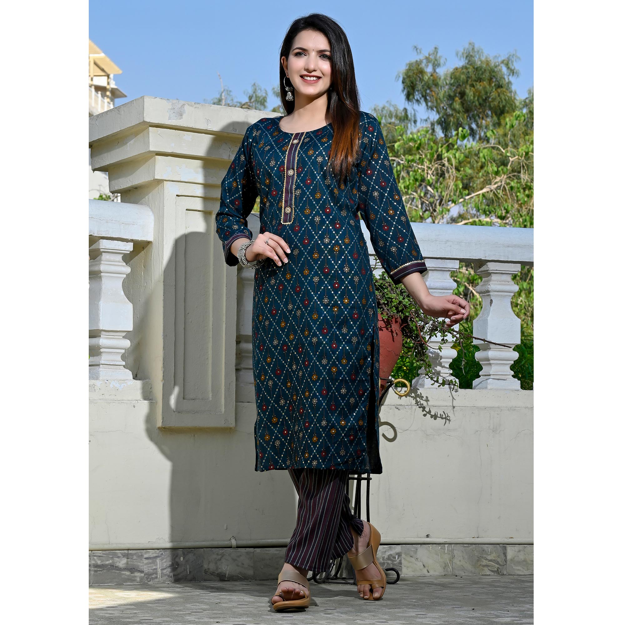 Blue Foil Printed Rayon Suit