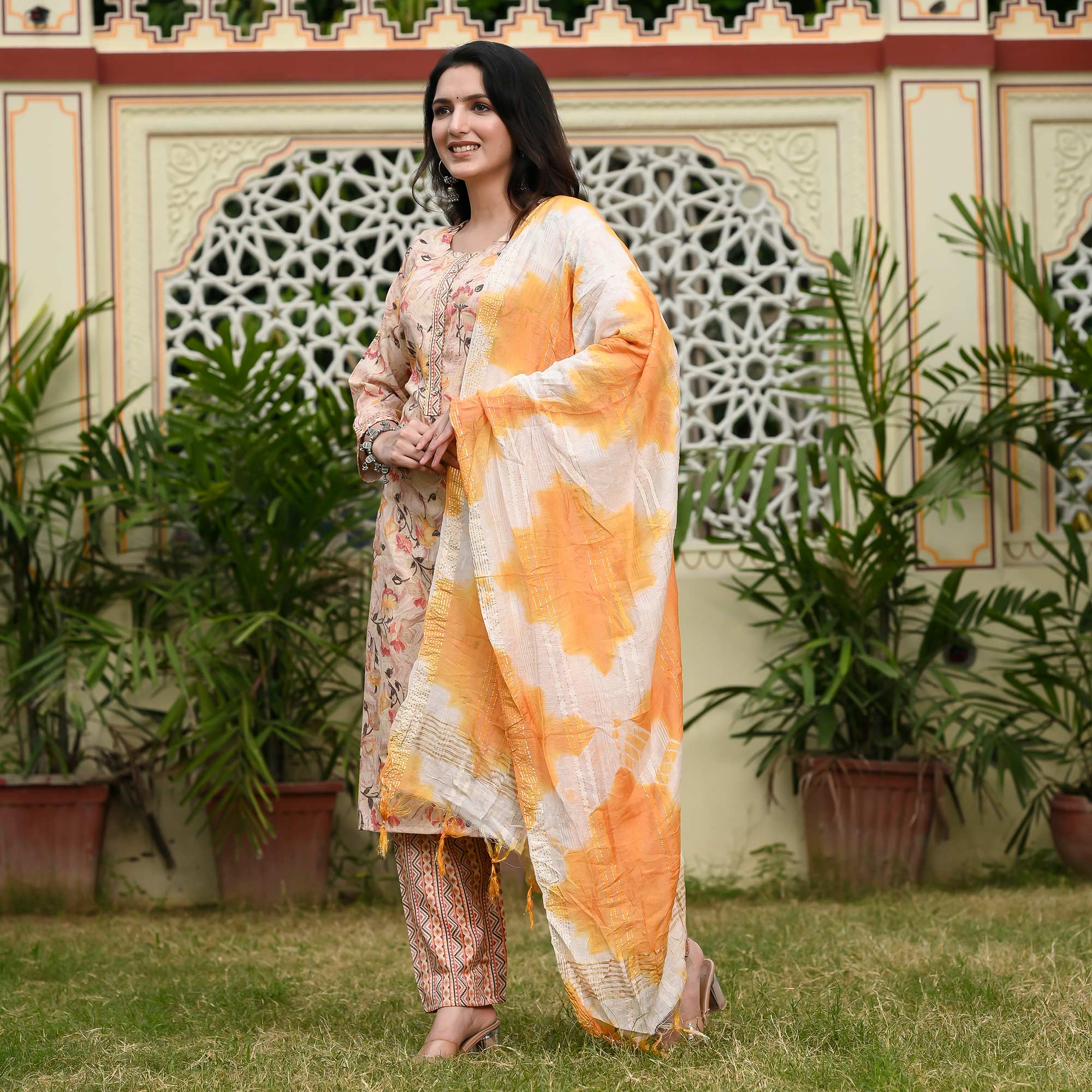 Peach Printed Rayon Suit