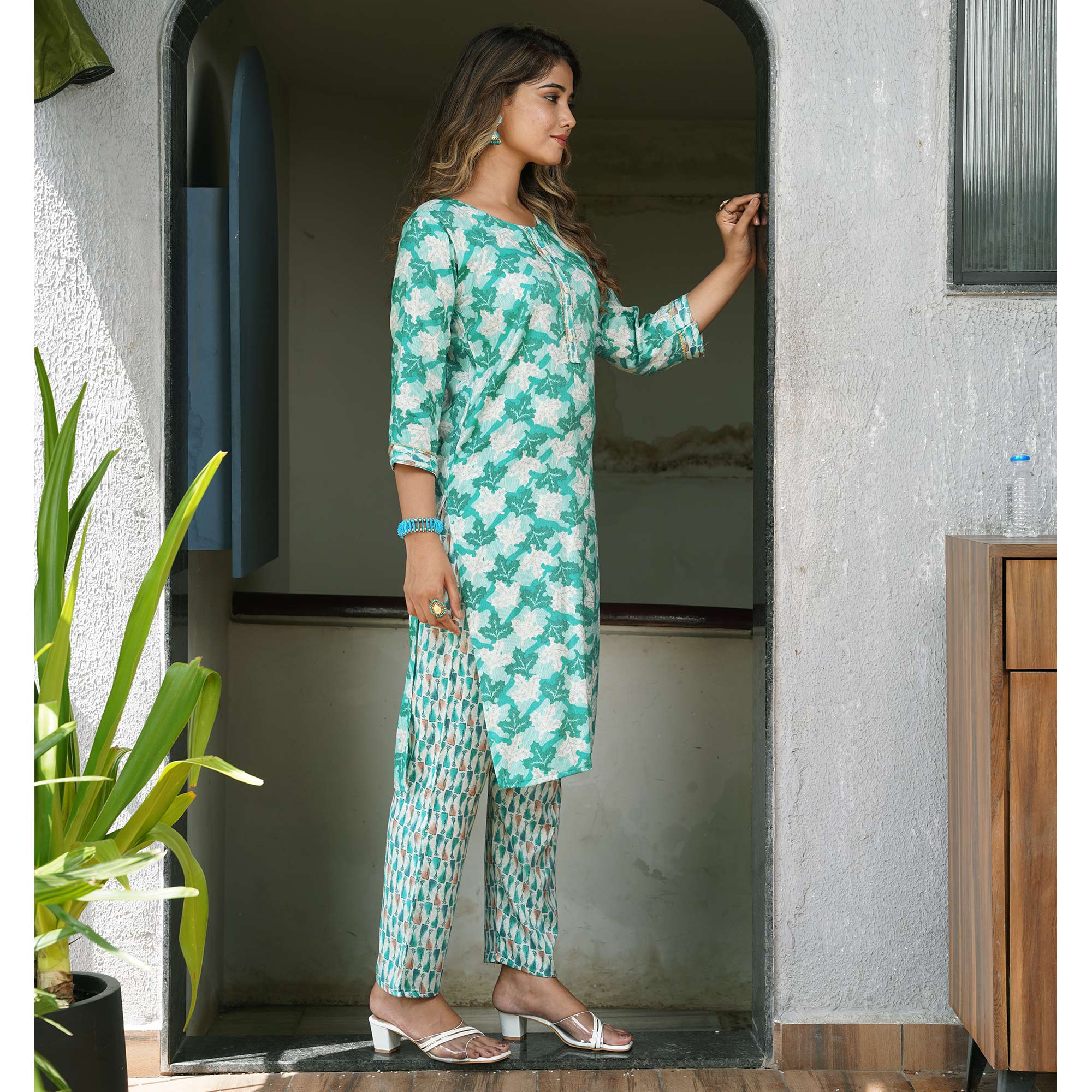 Turquoise Foil Printed Rayon Salwar Suit