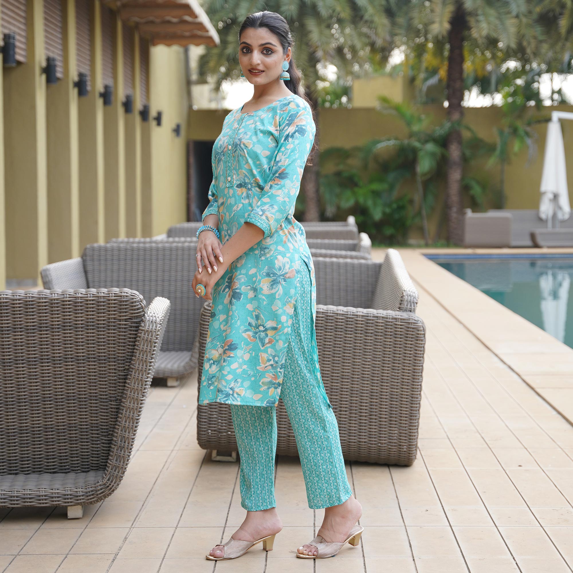 Turquoise Foil Printed Rayon Suit
