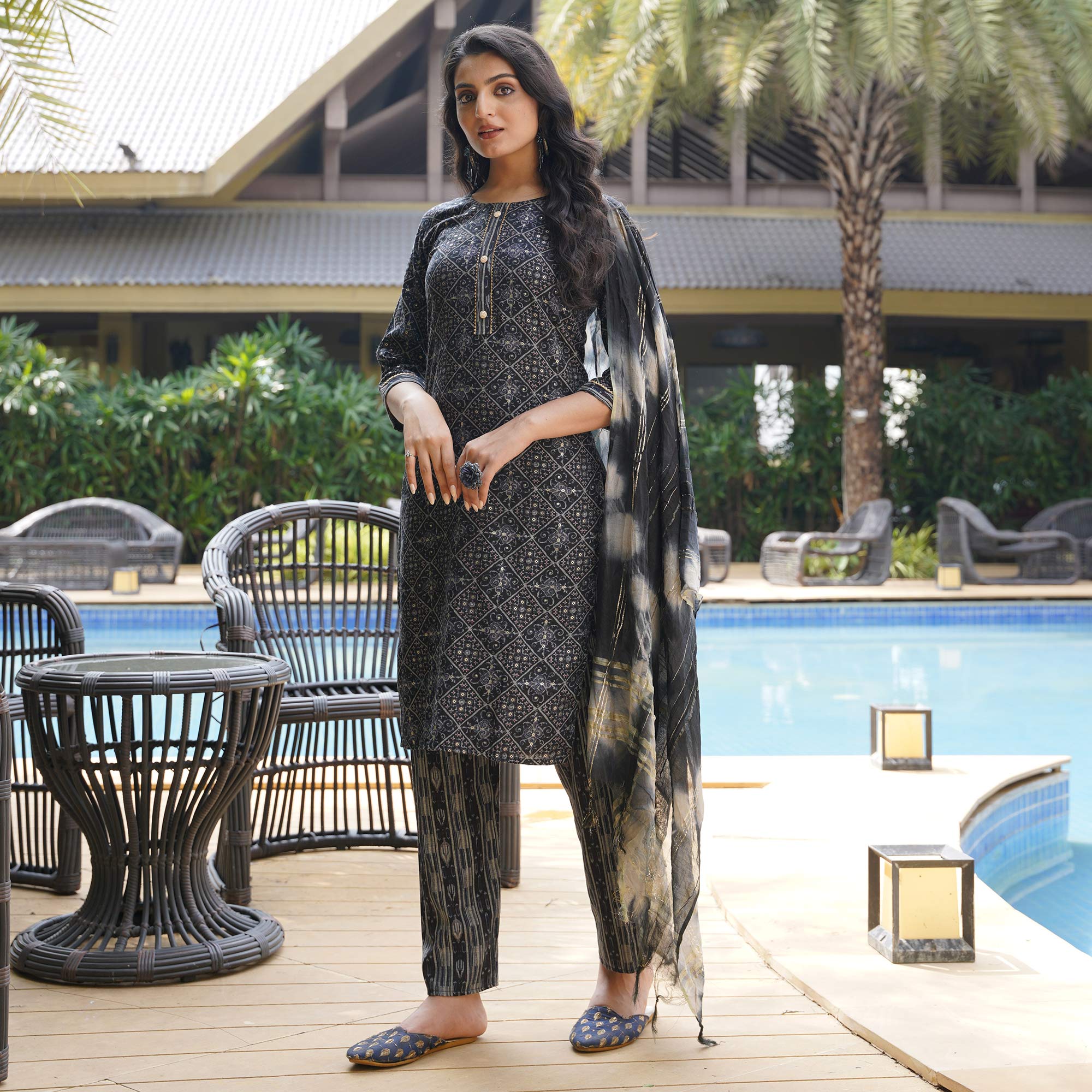 Black Foil Printed Rayon Suit