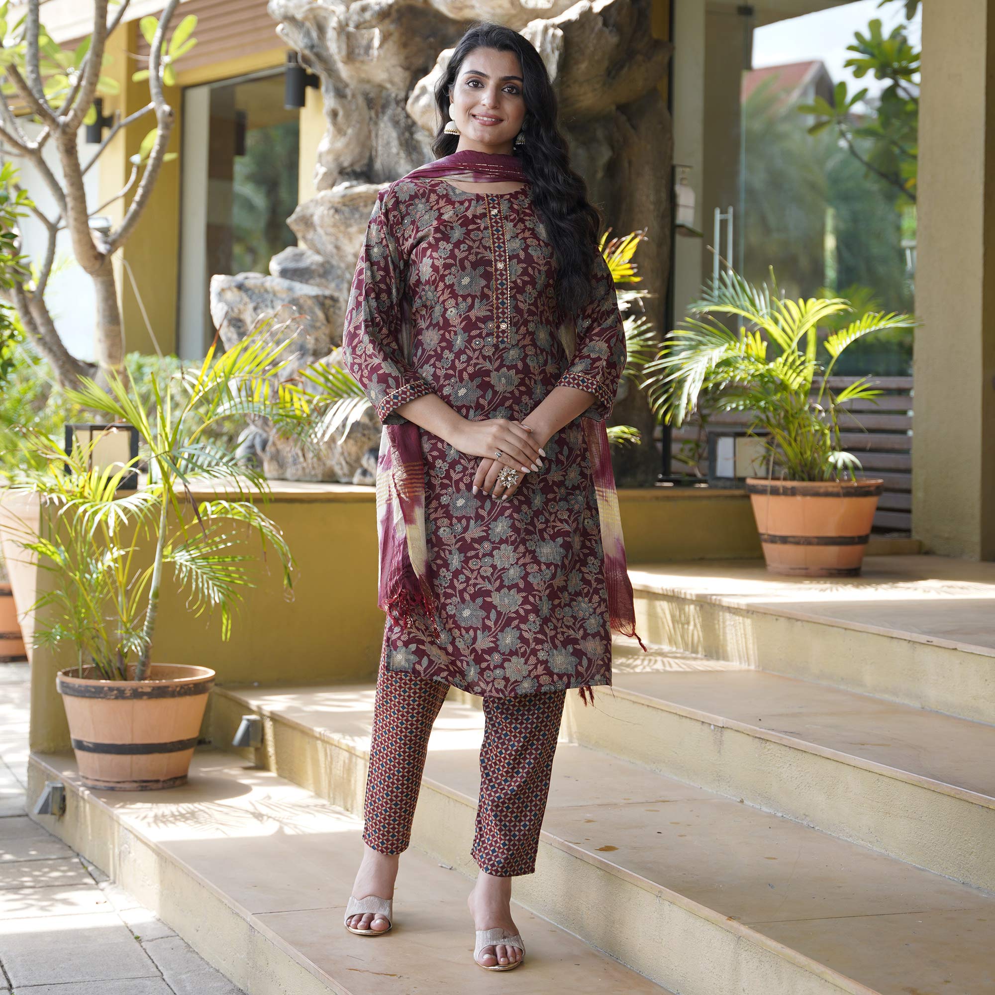 Maroon Foil Printed Rayon Suit