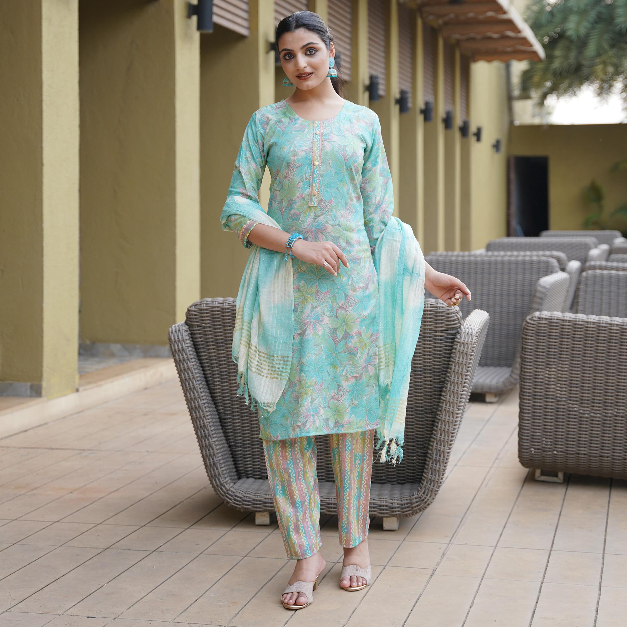 Sky Blue Foil Printed Rayon Suit