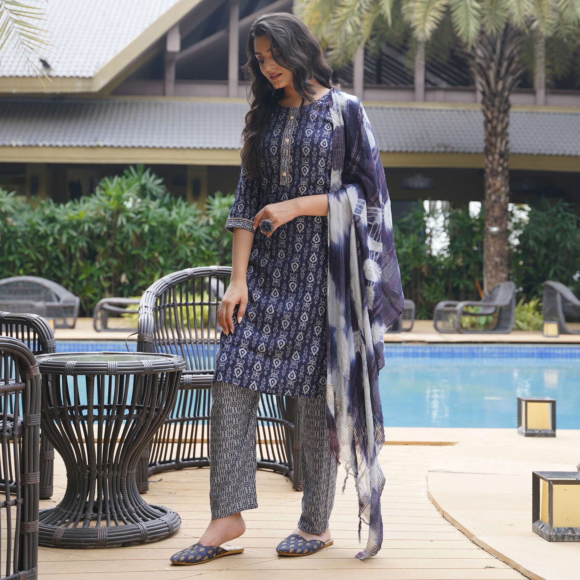 Navy Blue Foil Printed Rayon Suit