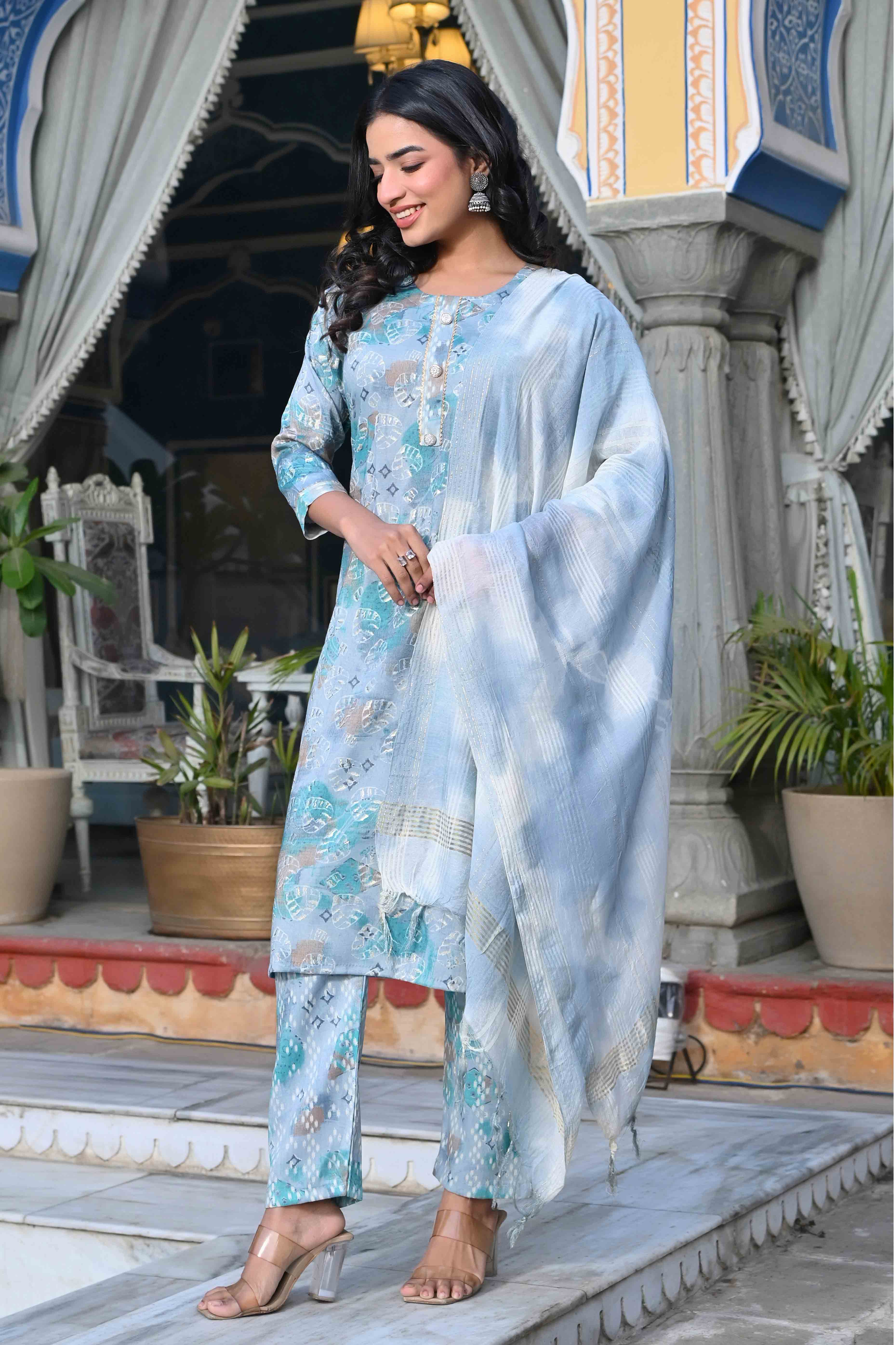 Grey & Turquoise Floral Foil Printed Rayon Salwar Suit