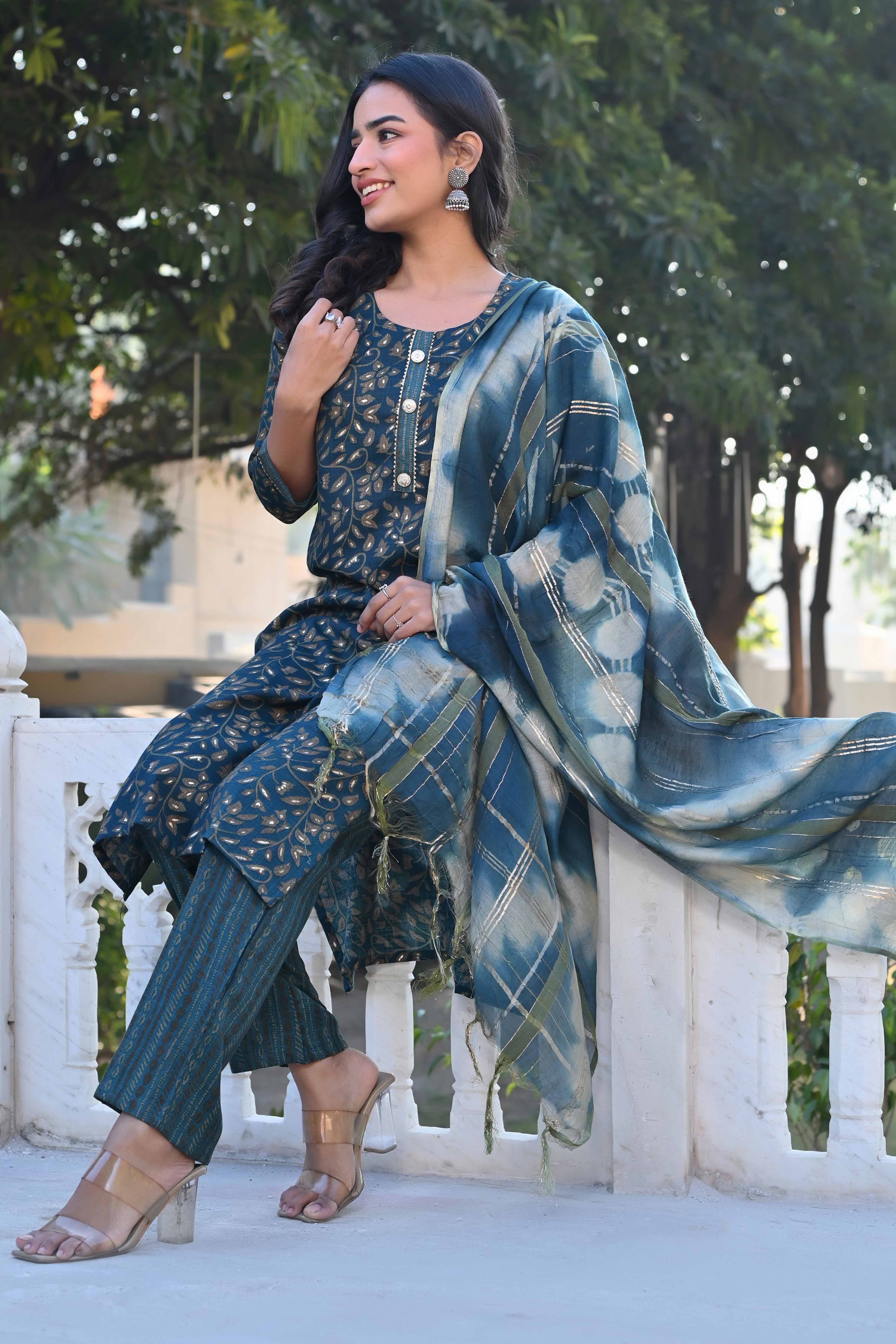 Morpich Blue Floral Foil Printed Rayon Salwar Suit