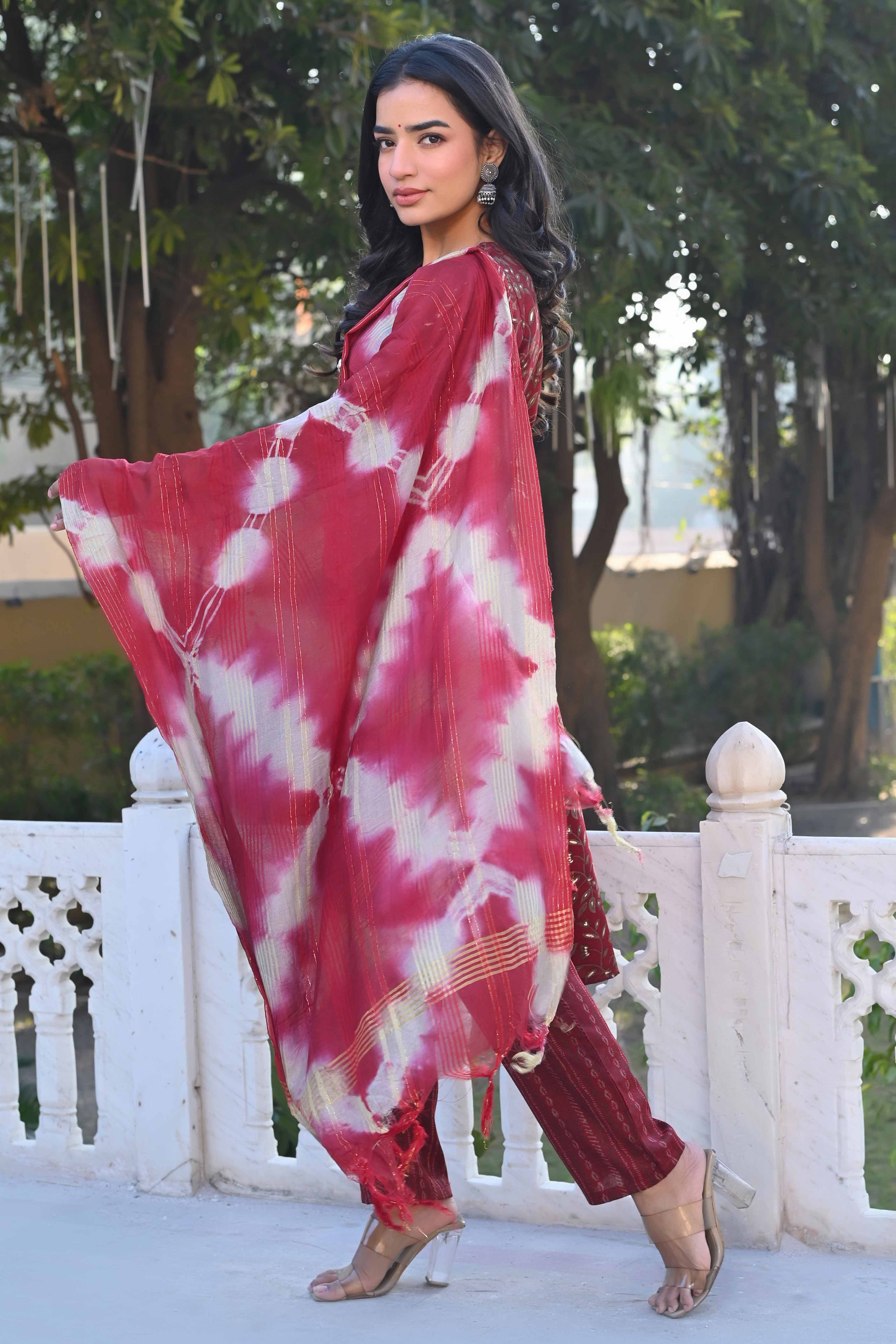 Red Floral Foil Printed Rayon Salwar Suit