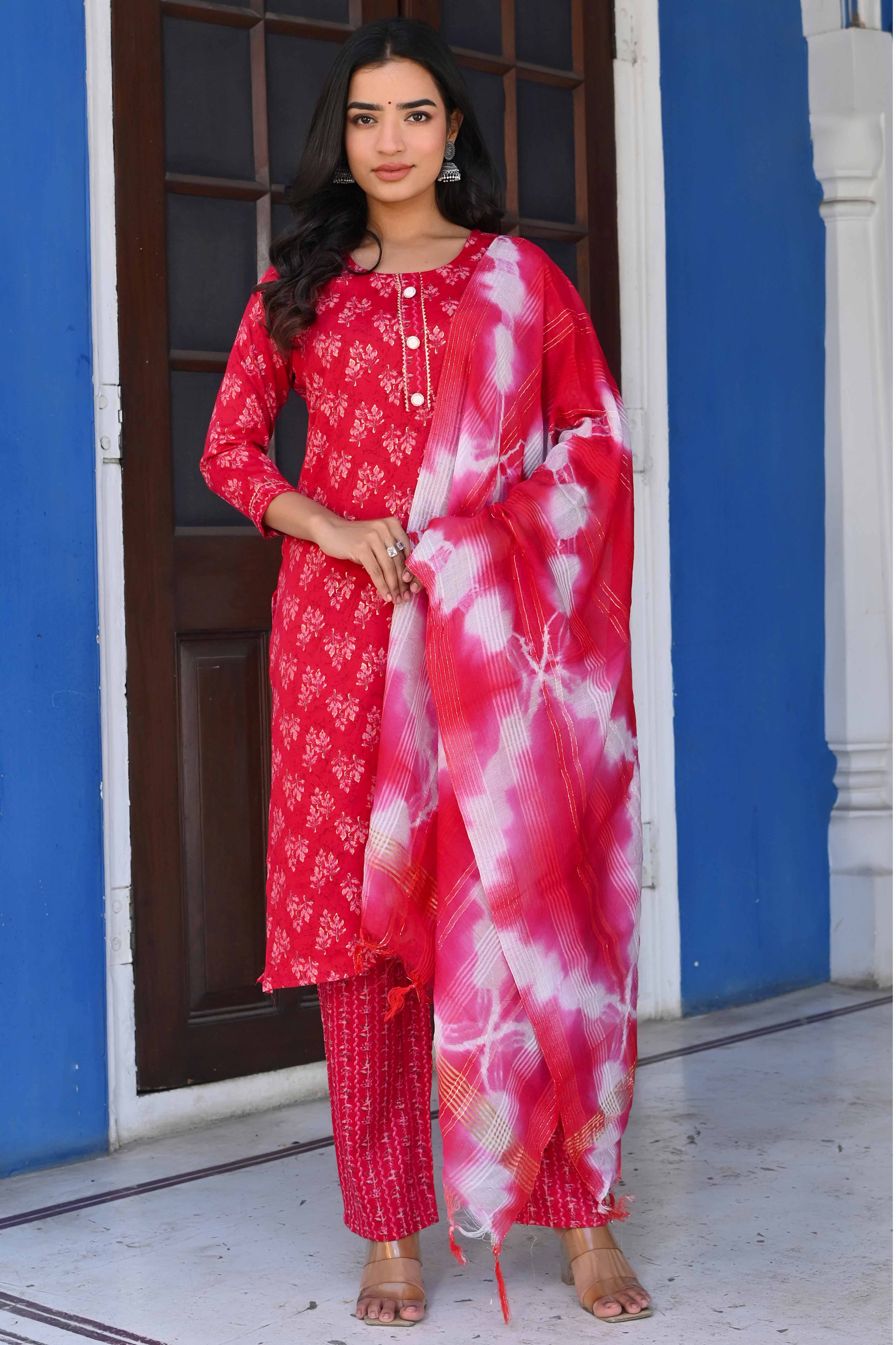 Pink Floral Foil Printed Rayon Salwar Suit