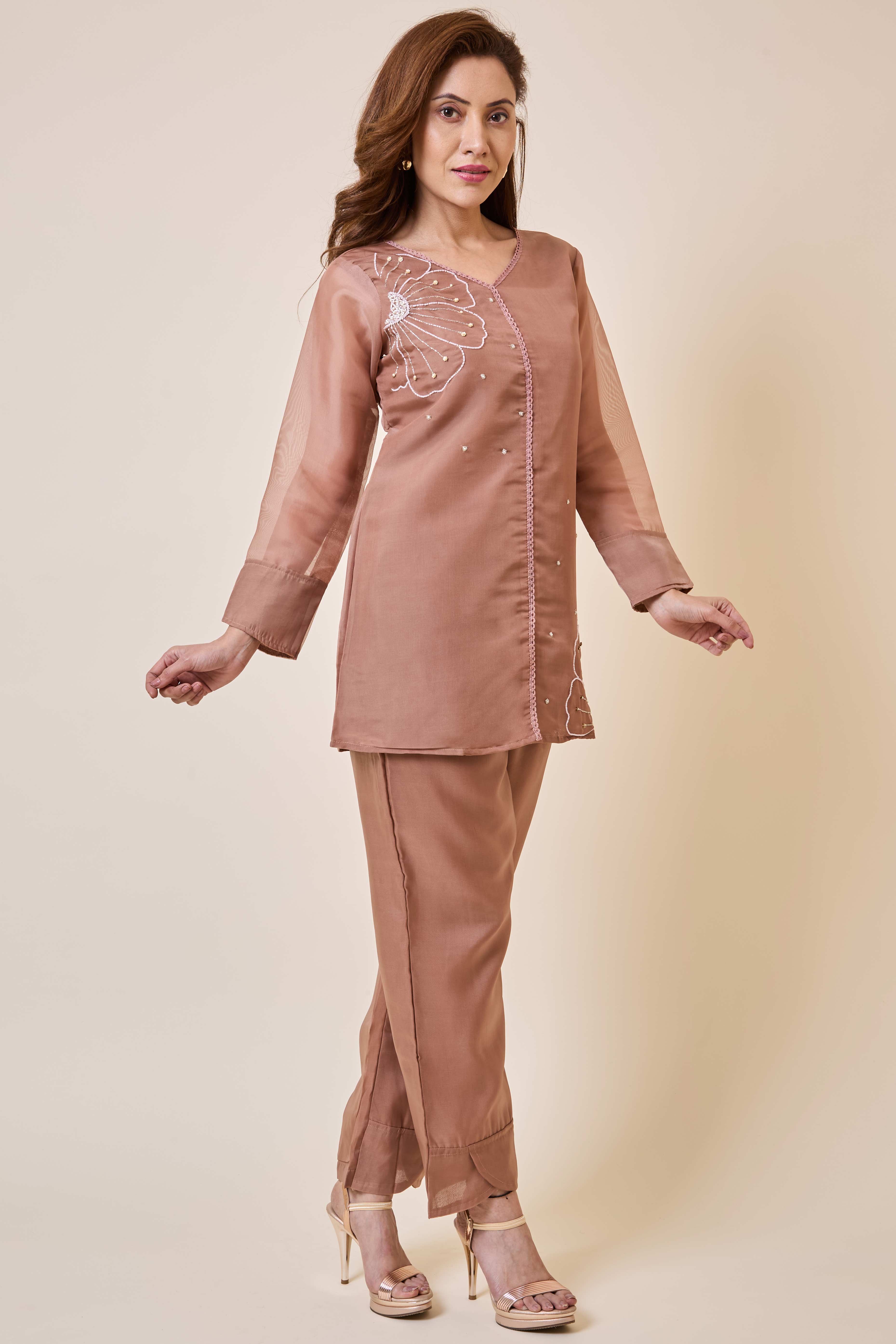 Brown Floral Embroidery Organza Co-Ord Set