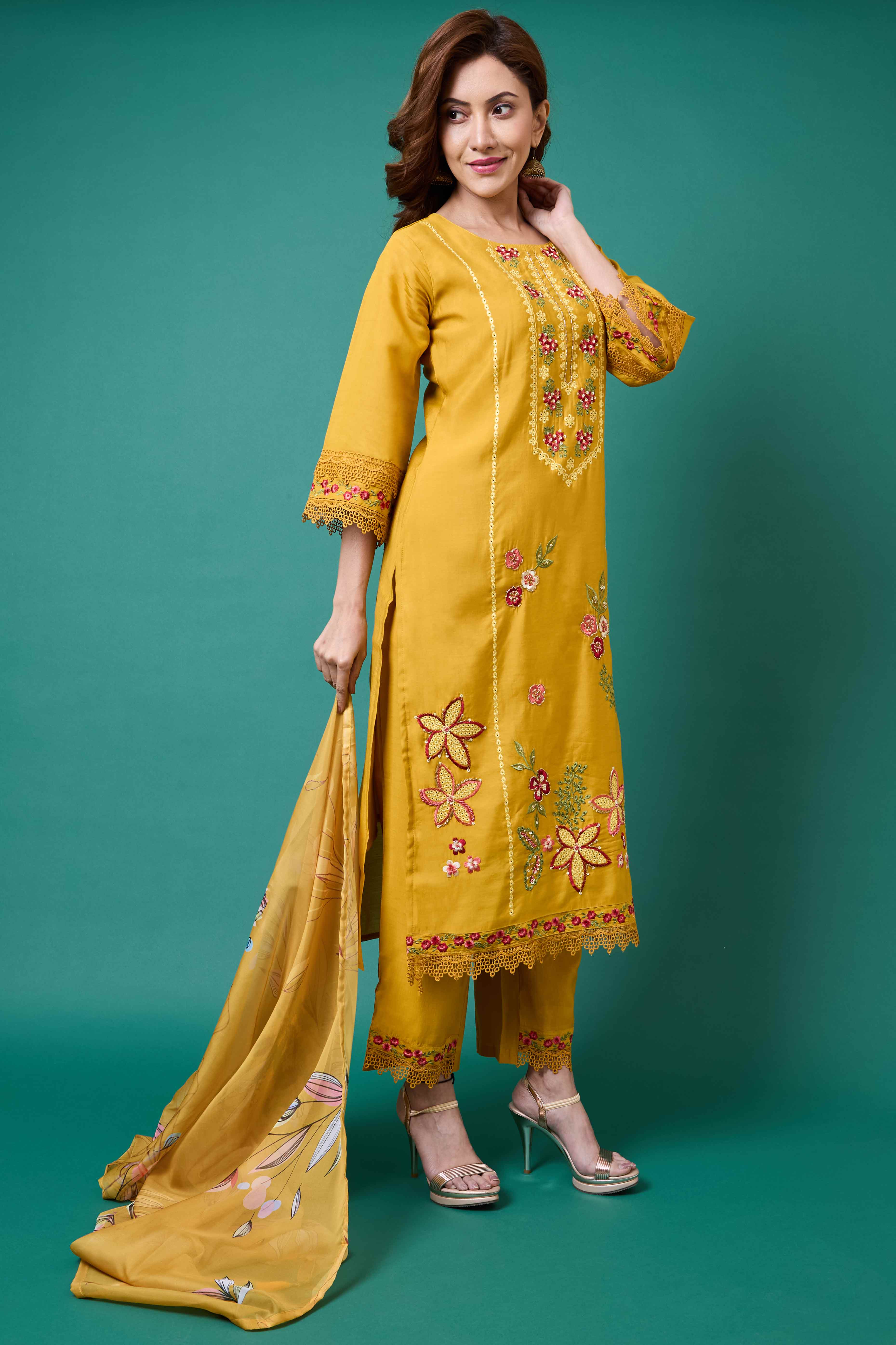 Mustard Floral Embroidered Chanderi Silk Salwar Suit