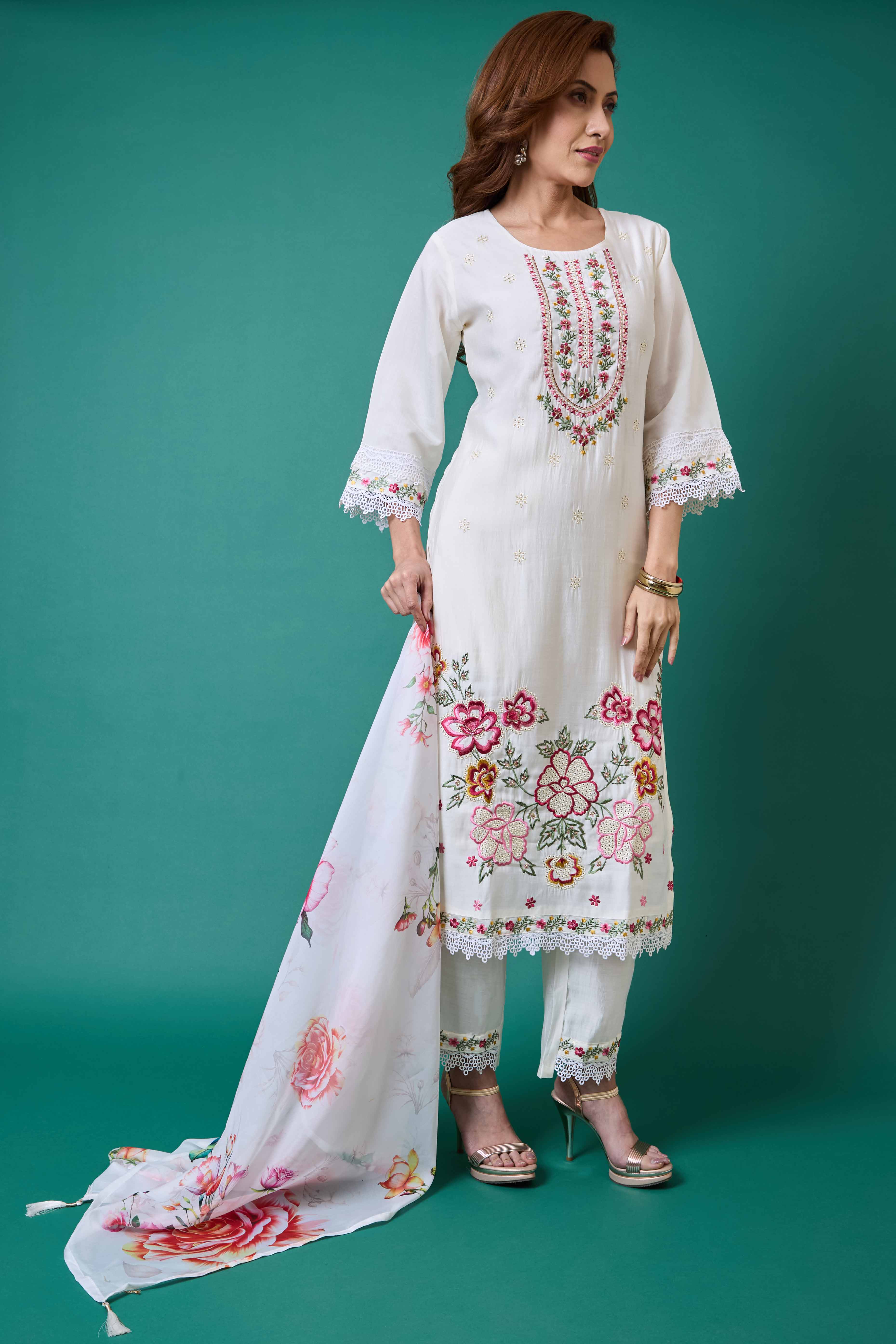 White Floral Embroidered Chanderi Silk Salwar Suit