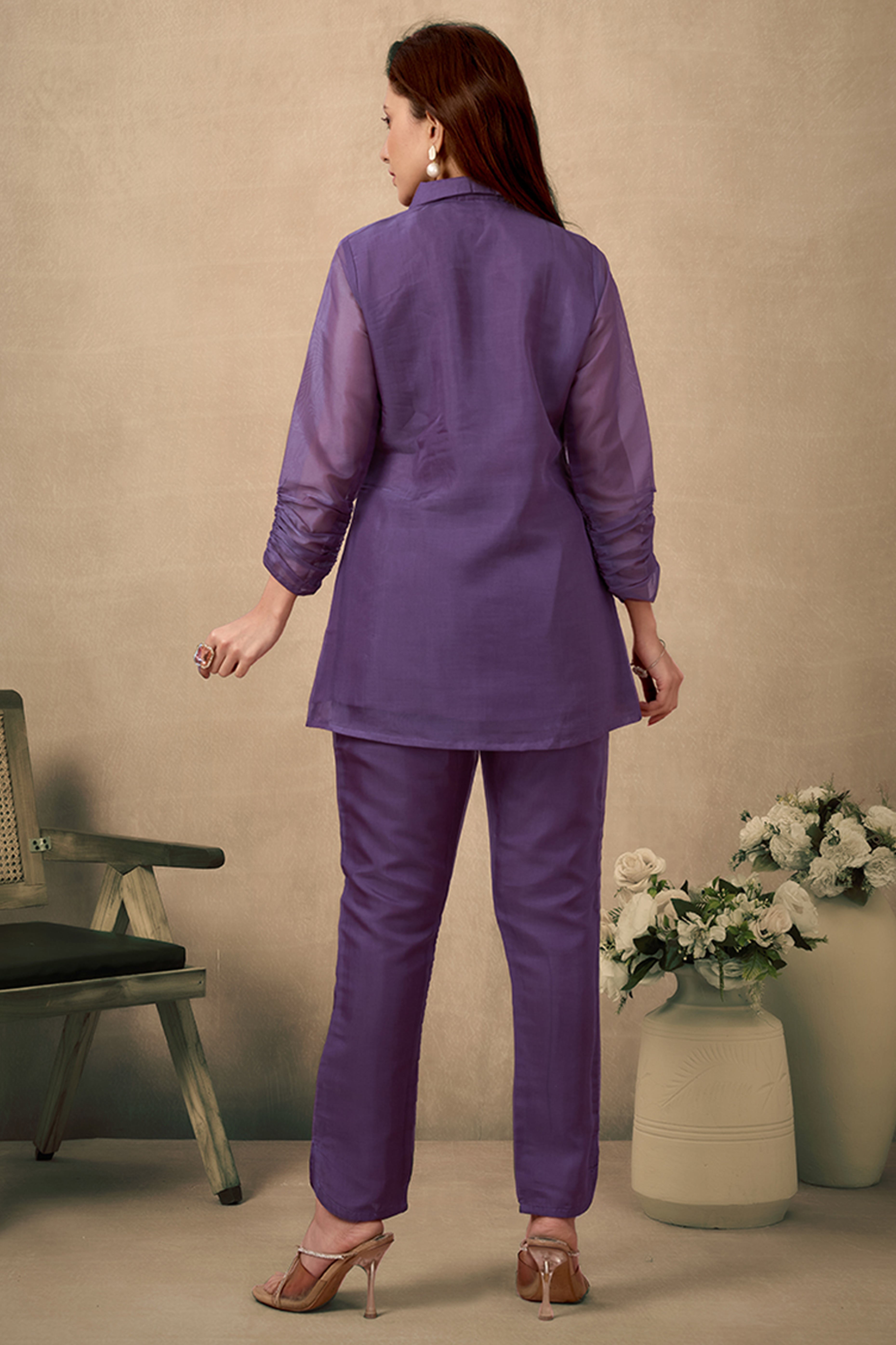 Wine Floral Pattern Beads Work Embroidered Organza Co-Ord Set