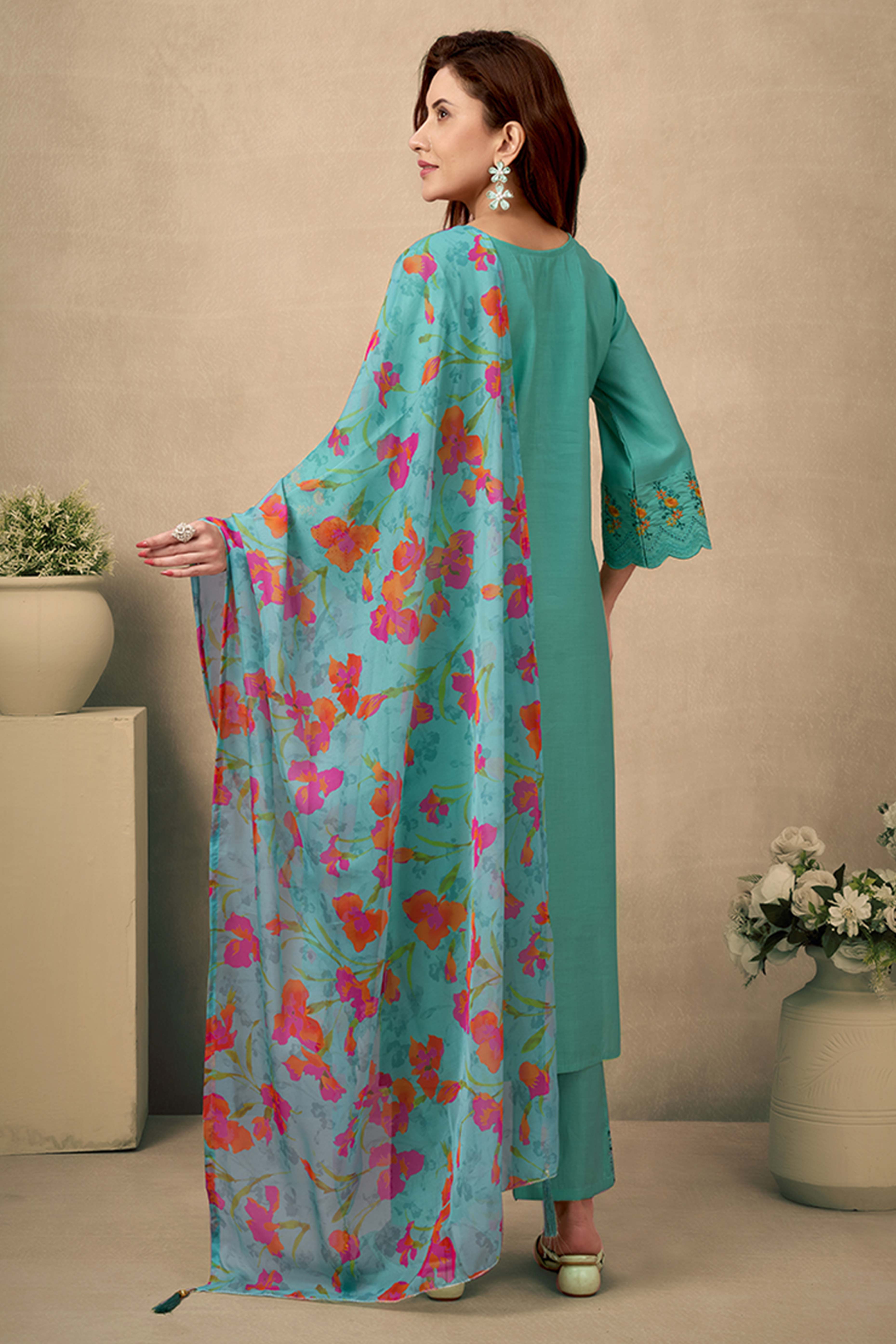 Green Floral Embroidered Straight Salwar Suit Made of Chanderi Silk.