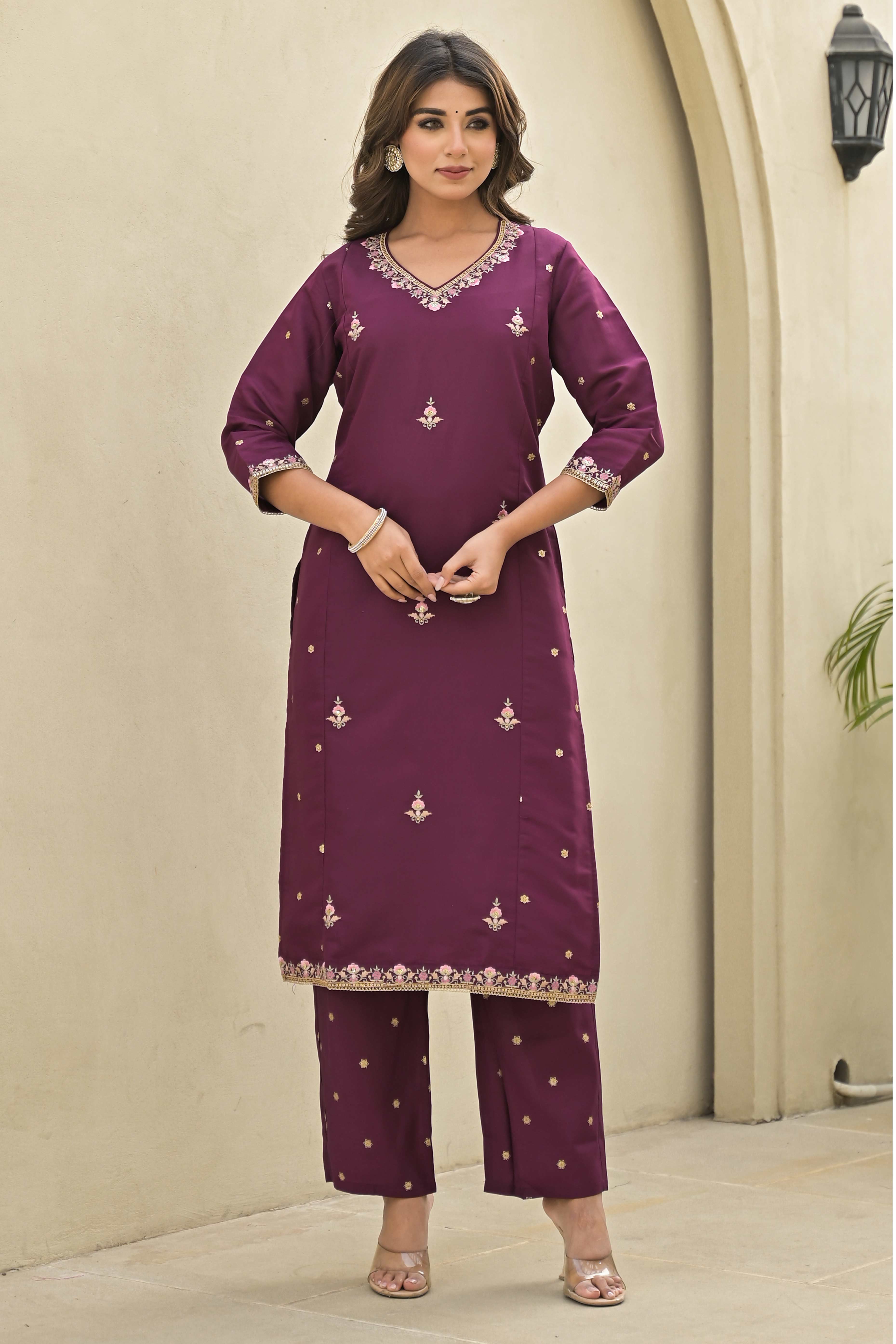 Wine Floral Embroidered Chanderi Silk Salwar Suit