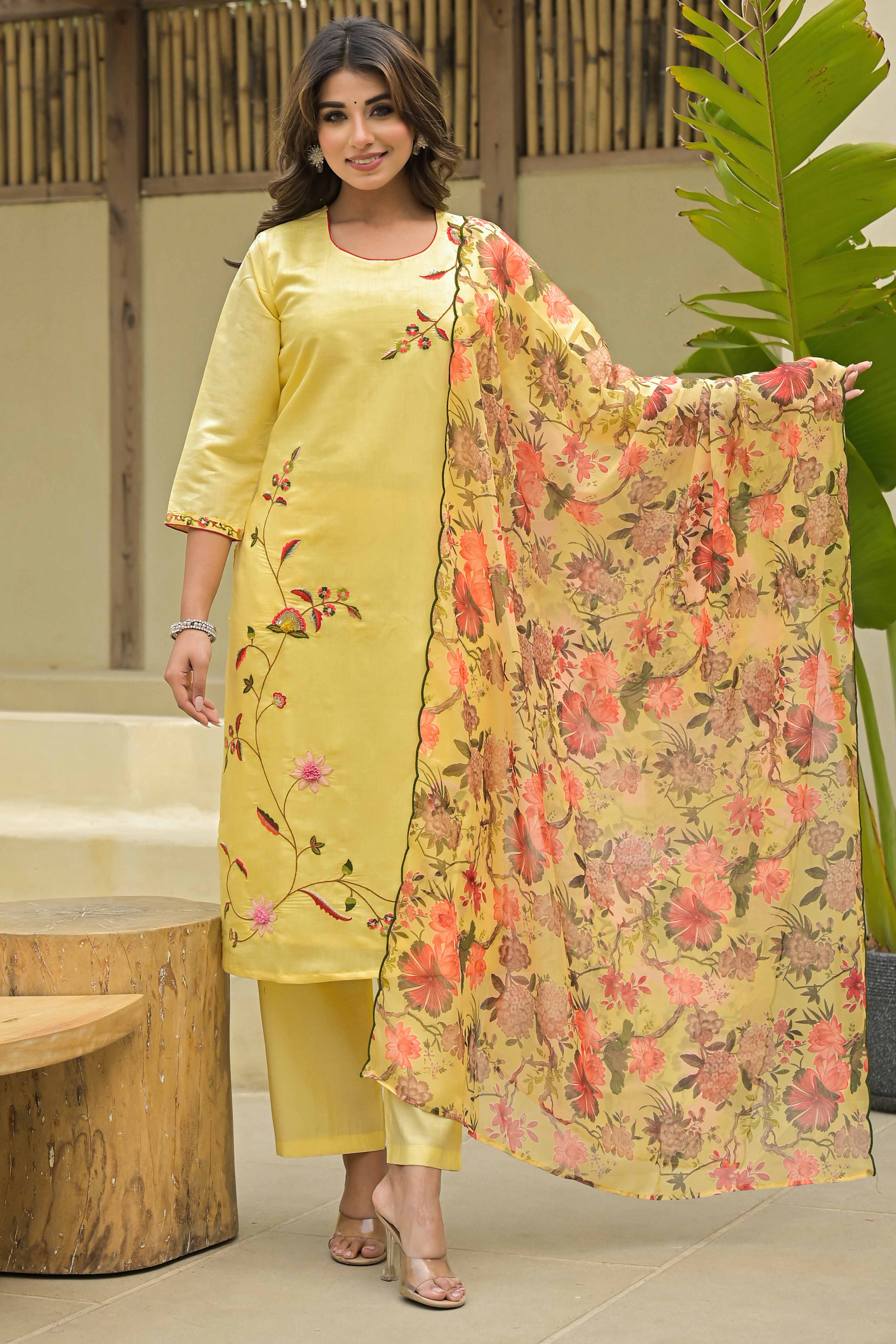 Yellow Thread Work Embroidered Chanderi Silk Salwar Suit