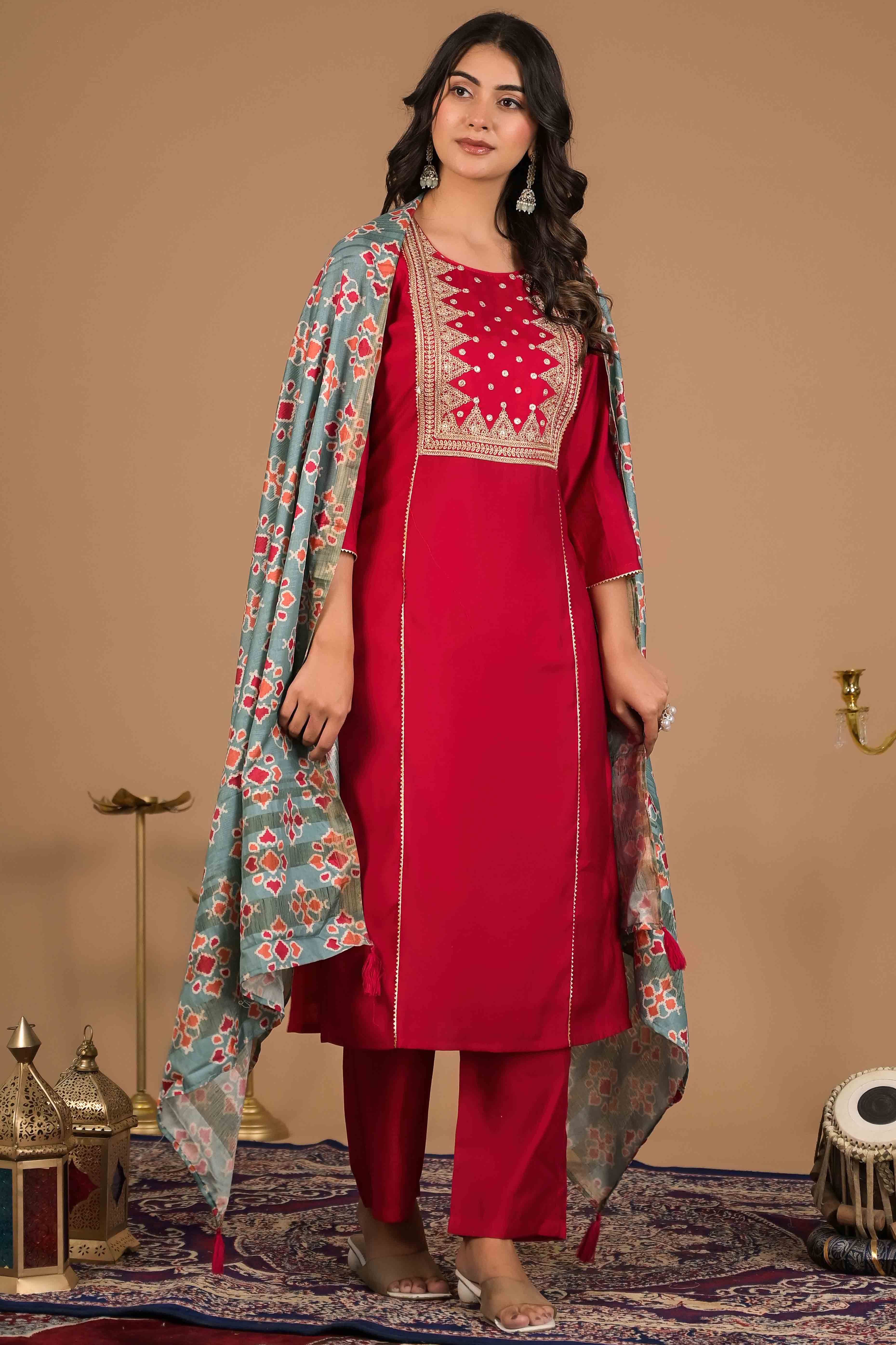 Pink Floral Embroidered Chanderi Silk Salwar Suit