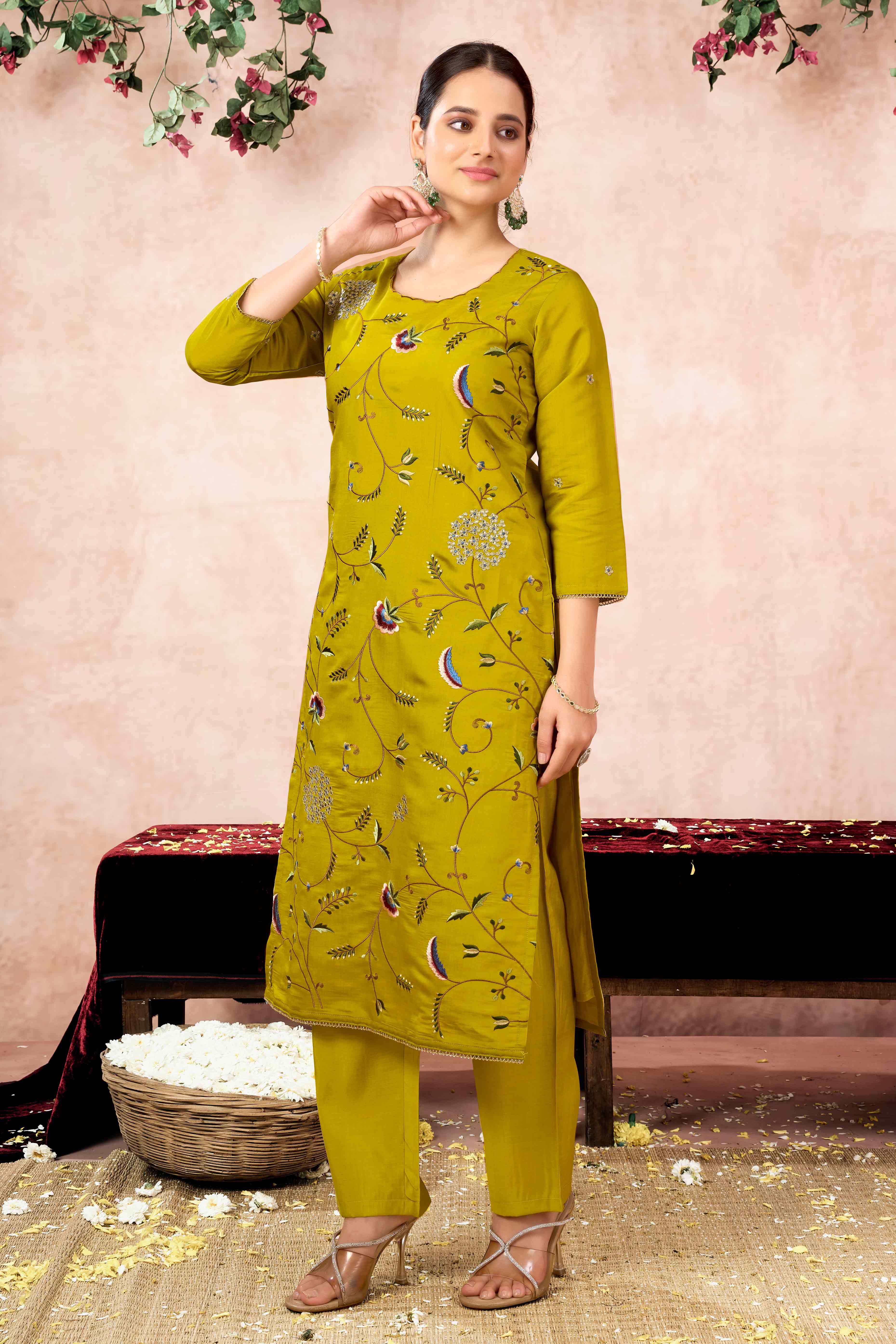 Lime Yellow Floral Embroidered Muslin Straight Salwar Suit