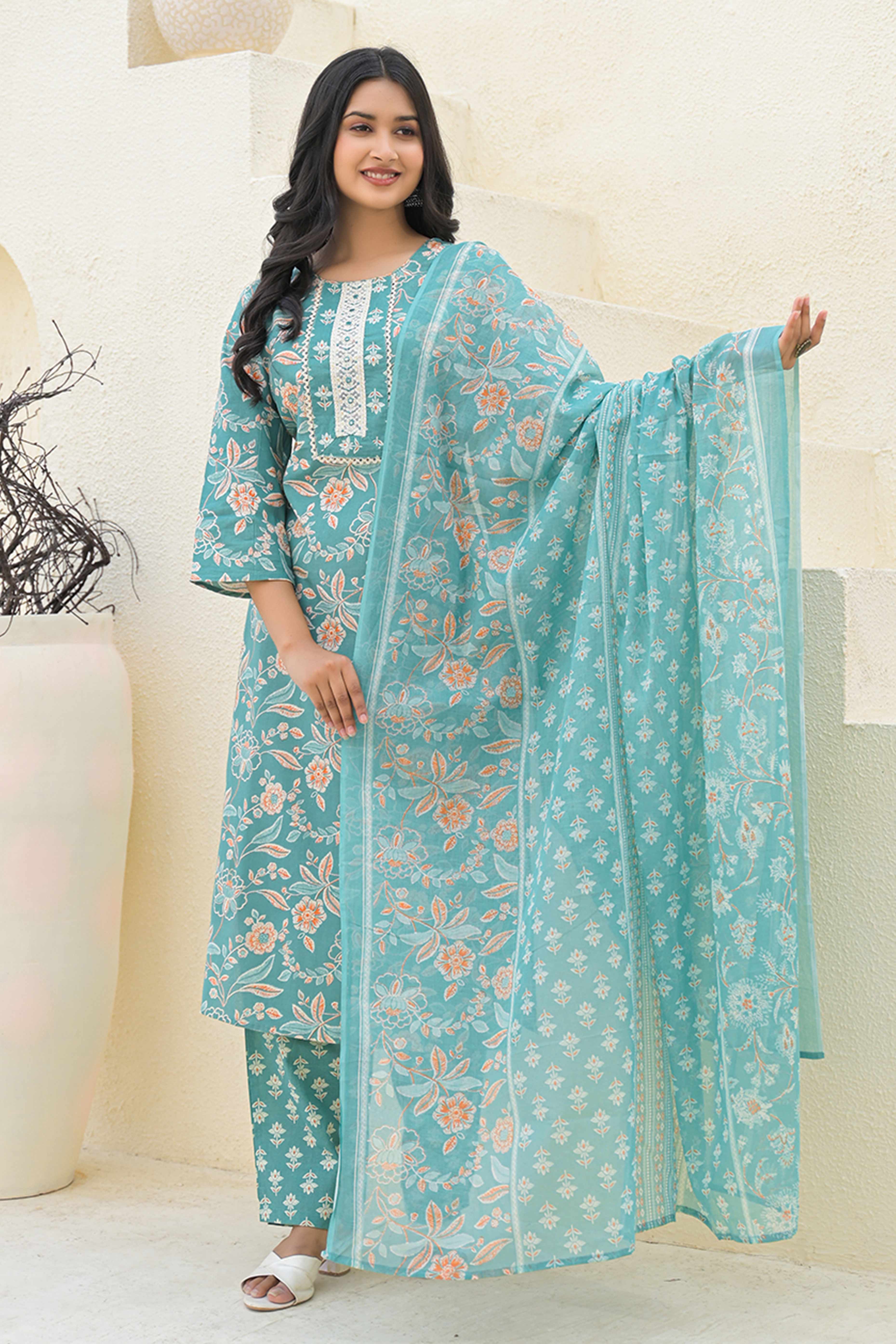 Sea Green Floral Printed With Embroidery Work Cotton Blend Straight Salwar Suit