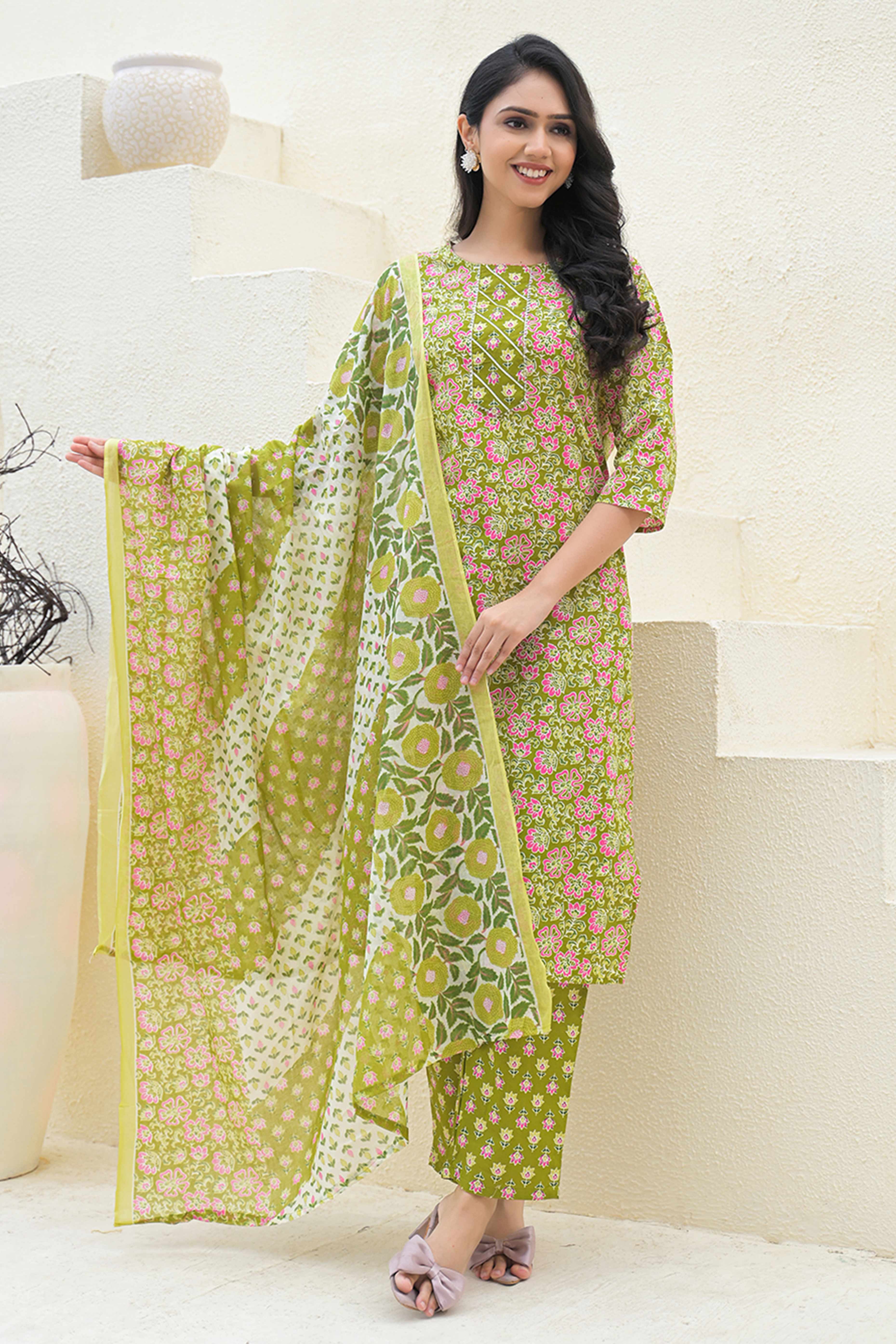 Olive Floral Printed Pure Cotton Suit in a Straight Silhouette for Everyday Ease