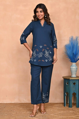 Navy Blue Pure Cotton Co-Ord Set with Detailed Handcrafted Embroidery Accents