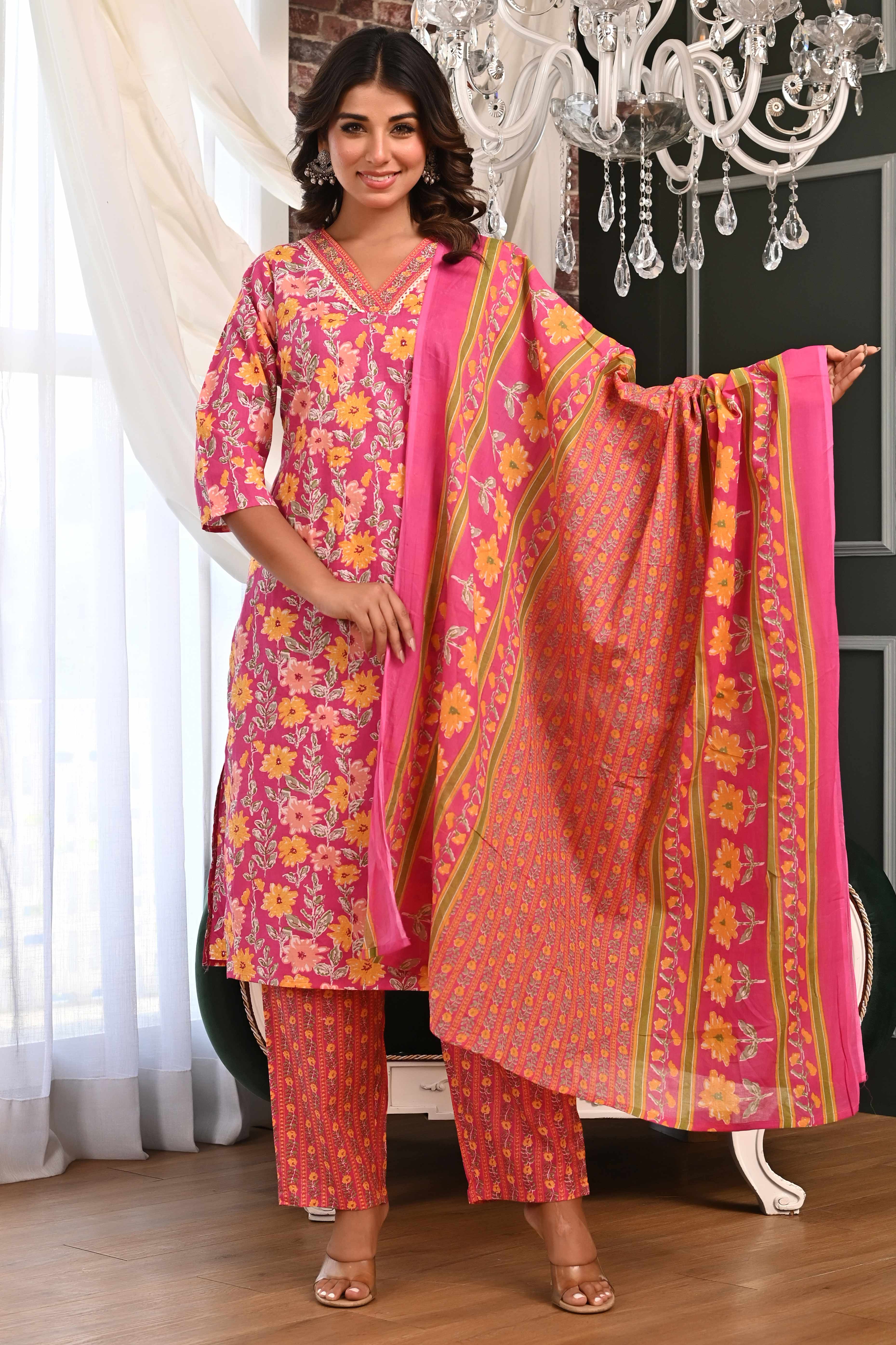 Pink Floral Printed Pure Cotton Straight Cut Suit Accentuated With Graceful Embroidery