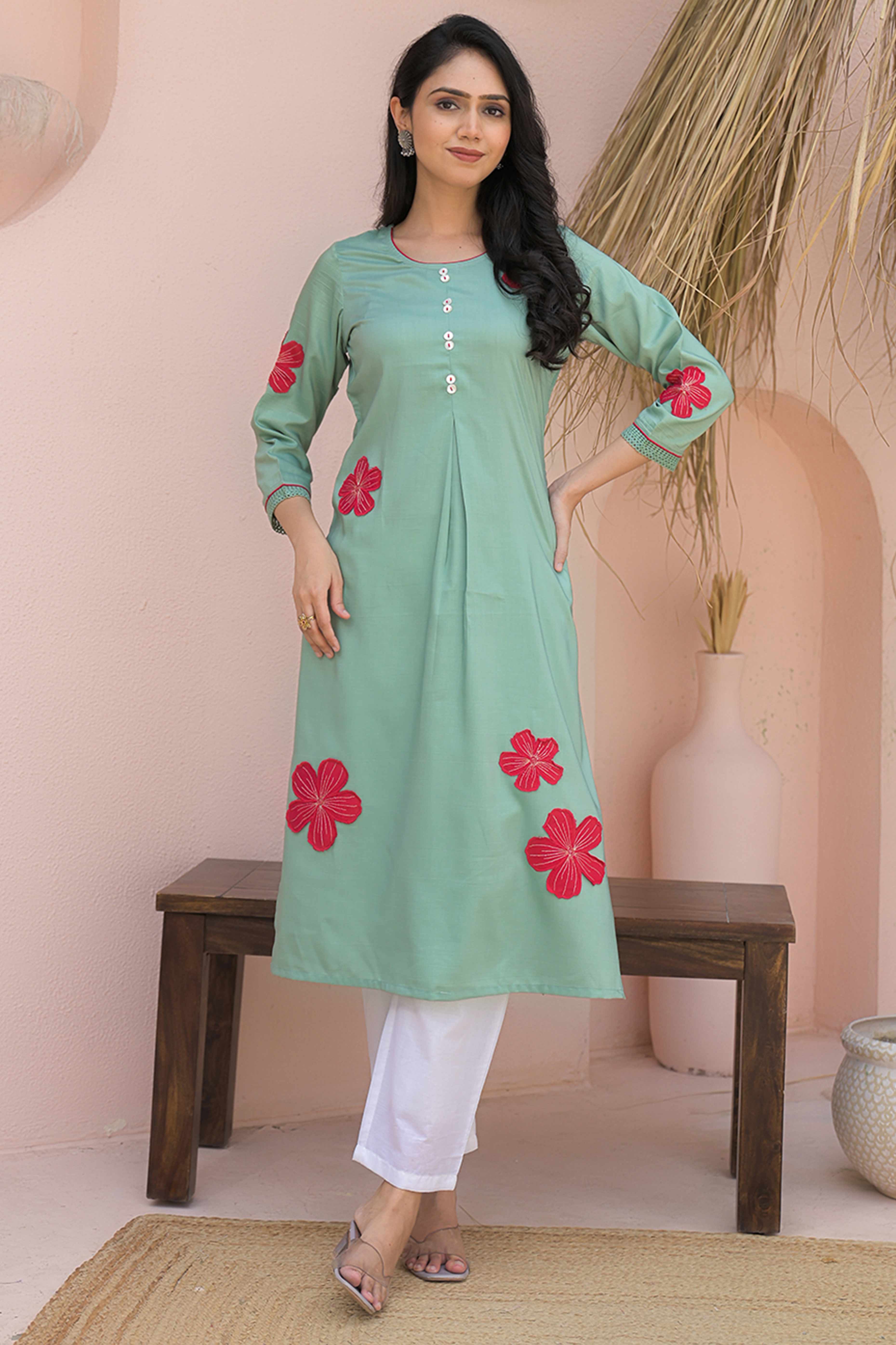 Sea Green Cotton Blend Straight Kurti with Embroidered Floral Patterns