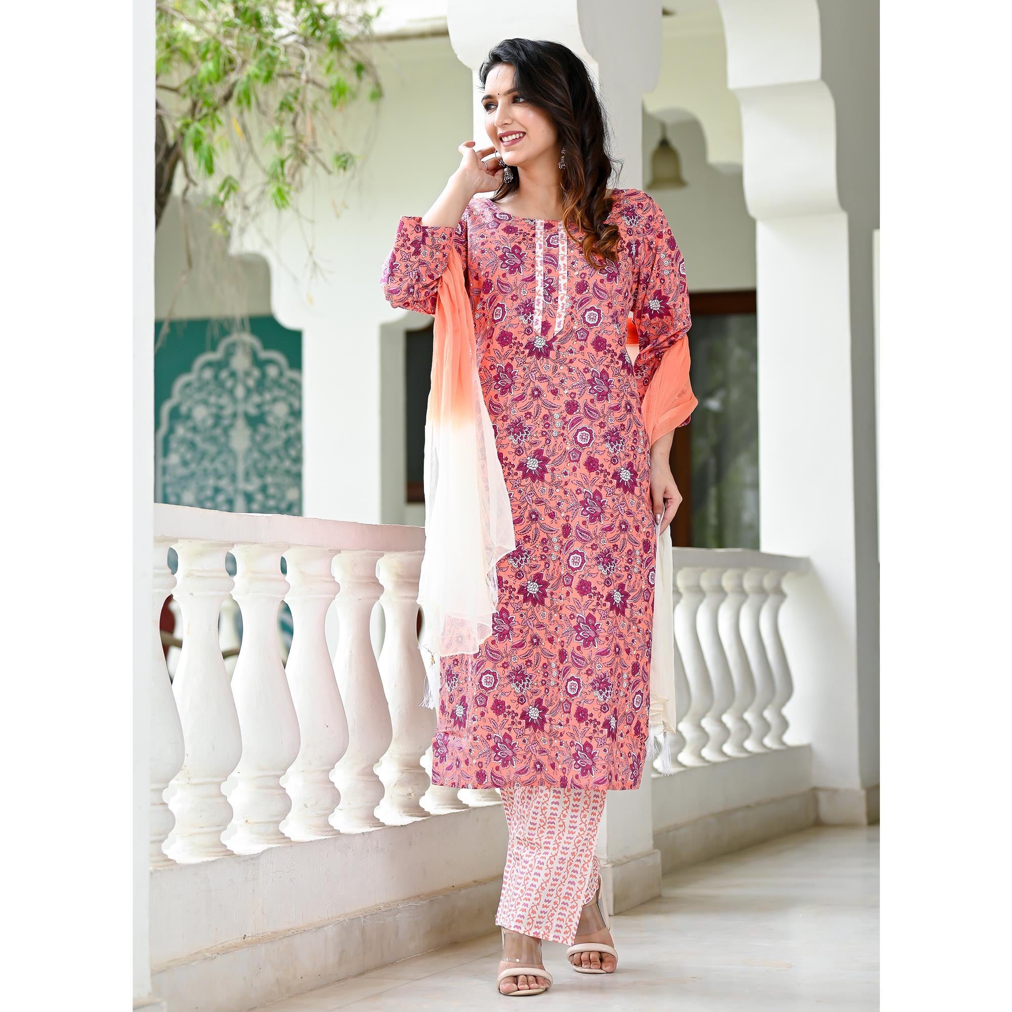 Peach Floral Printed Pure Cotton Suit