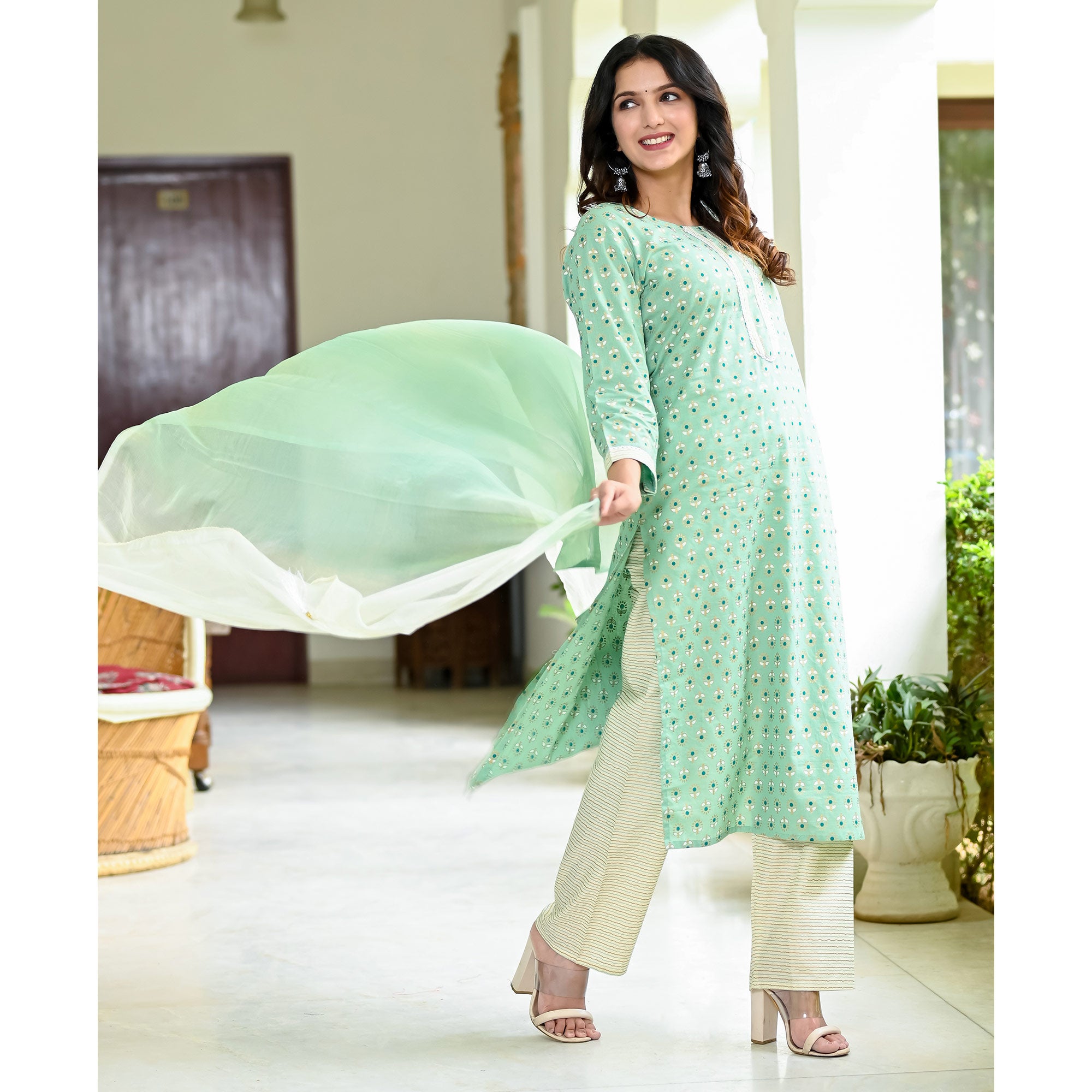 Green Floral Foil Printed Pure Cotton Suit