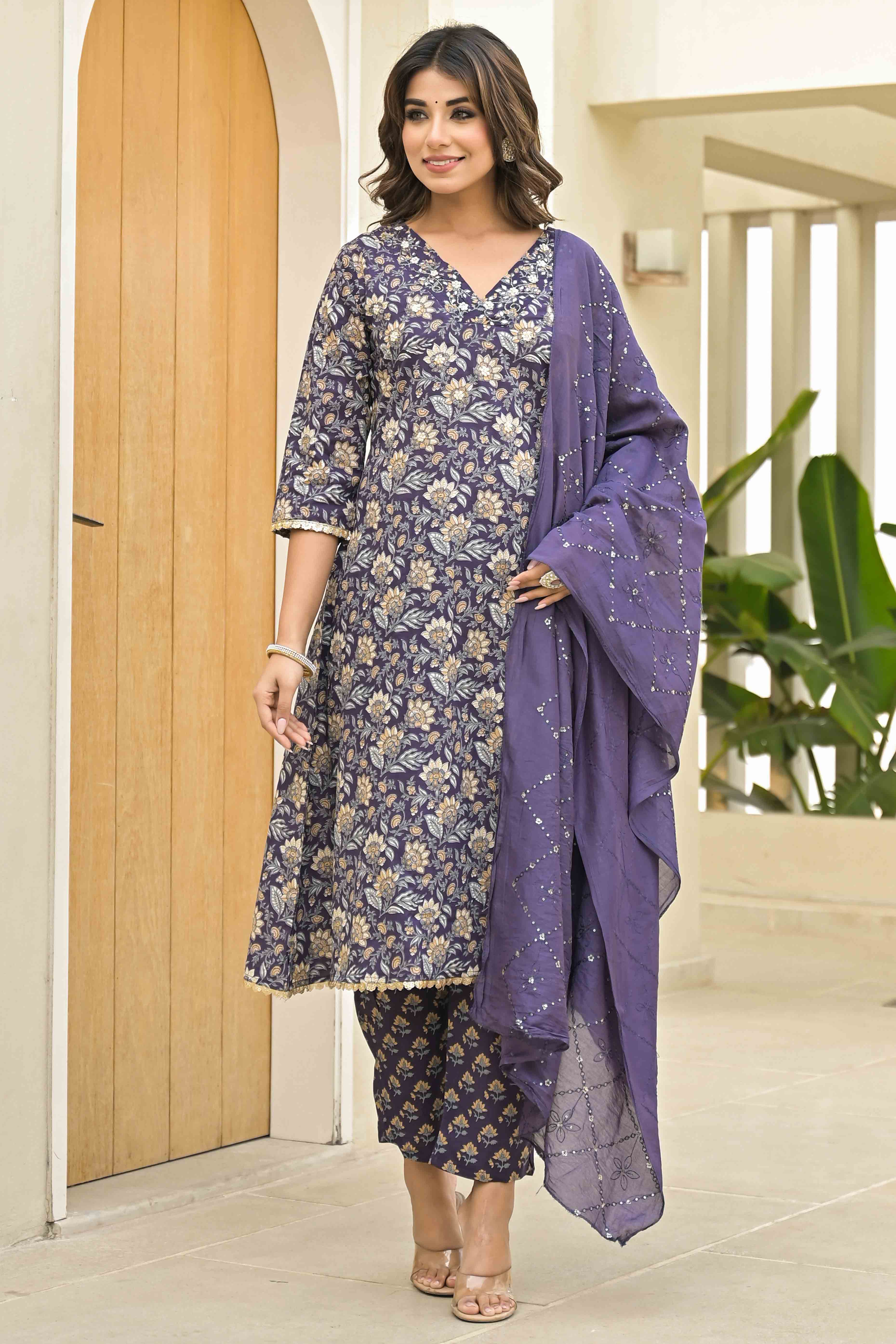 Wine Floral Printed Pure Cotton A-Line Salwar Suit
