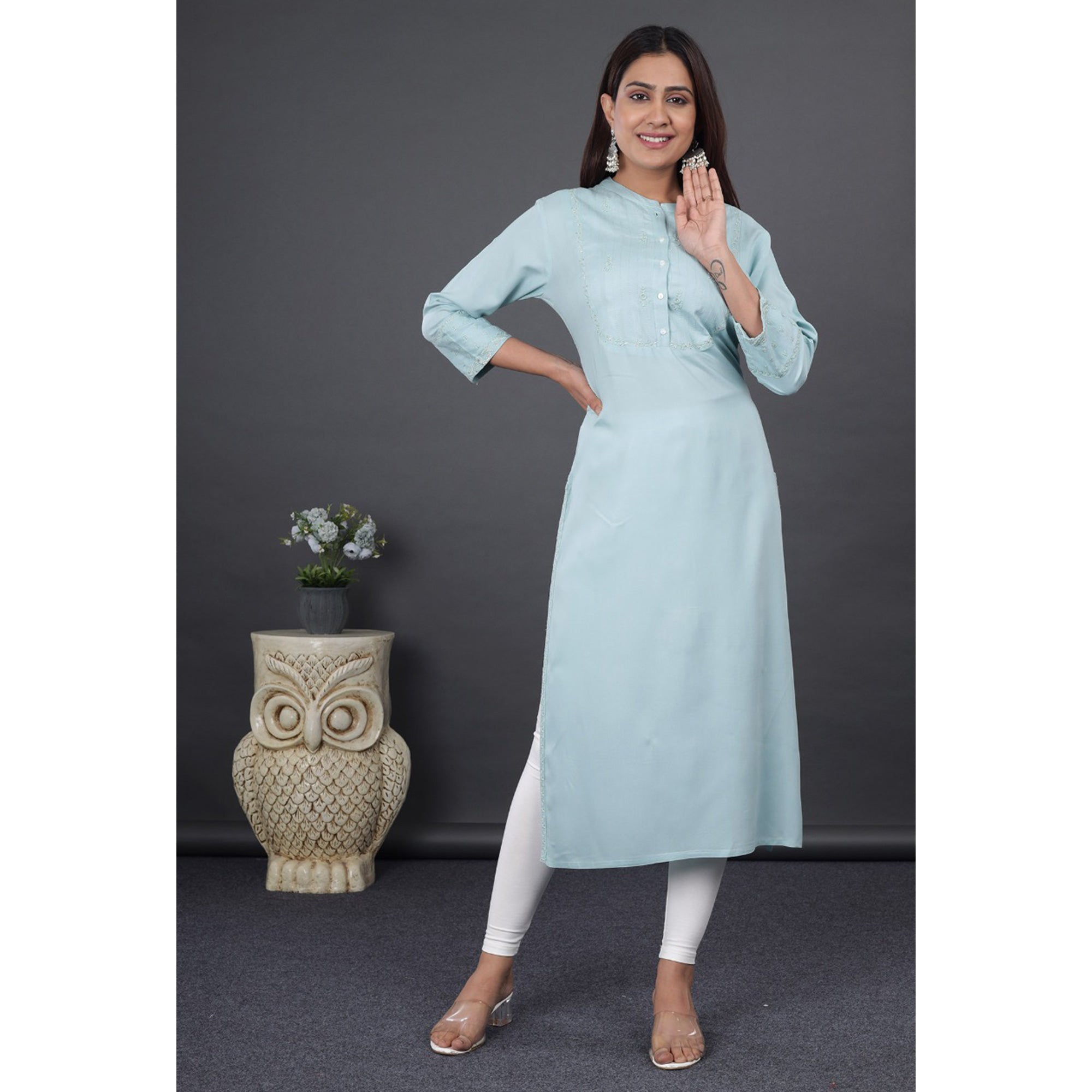 Blue Embroidered Pure Cotton Kurti