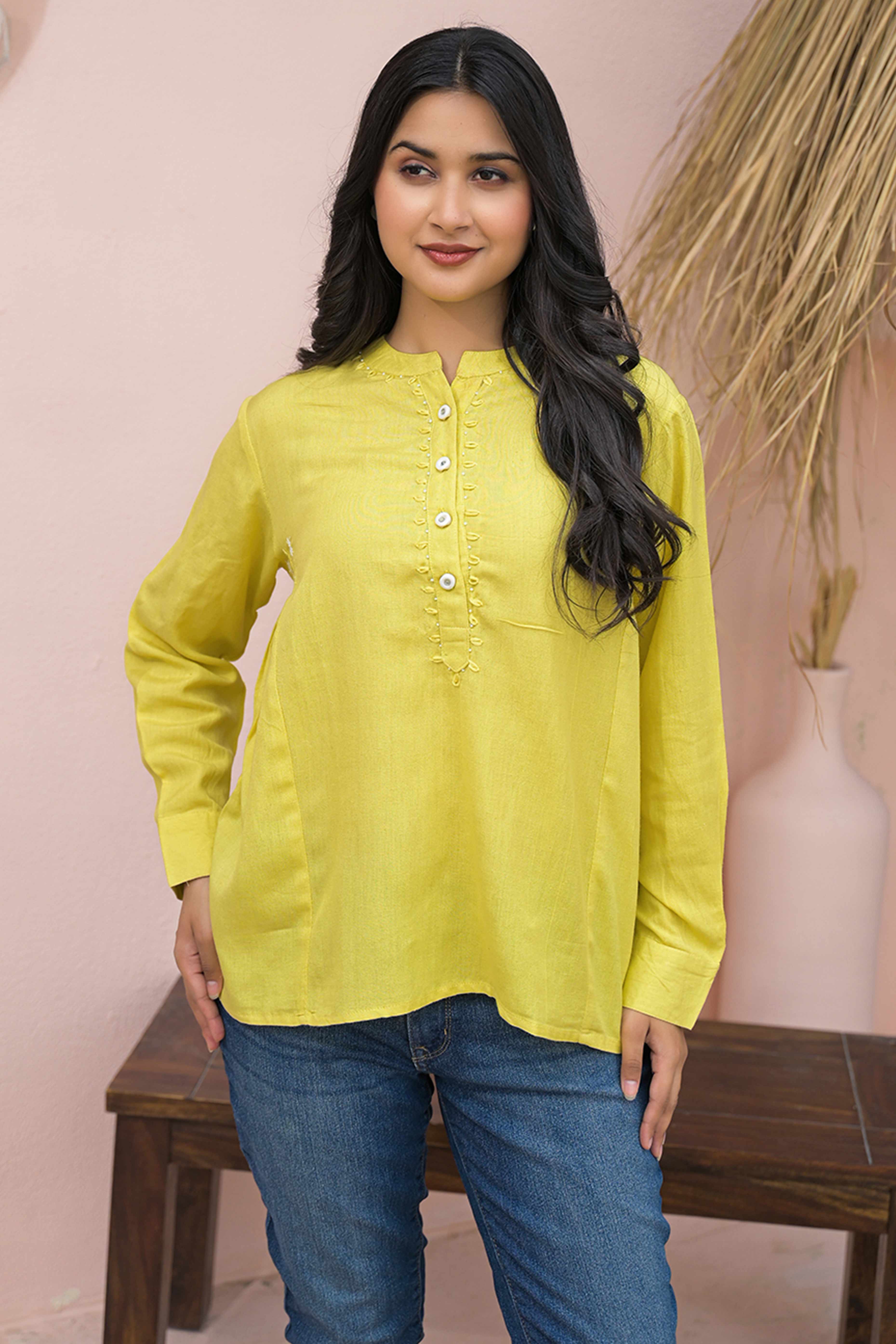 Bright Lemon Yellow Solid Cotton Top With Flowy A-Line Fit