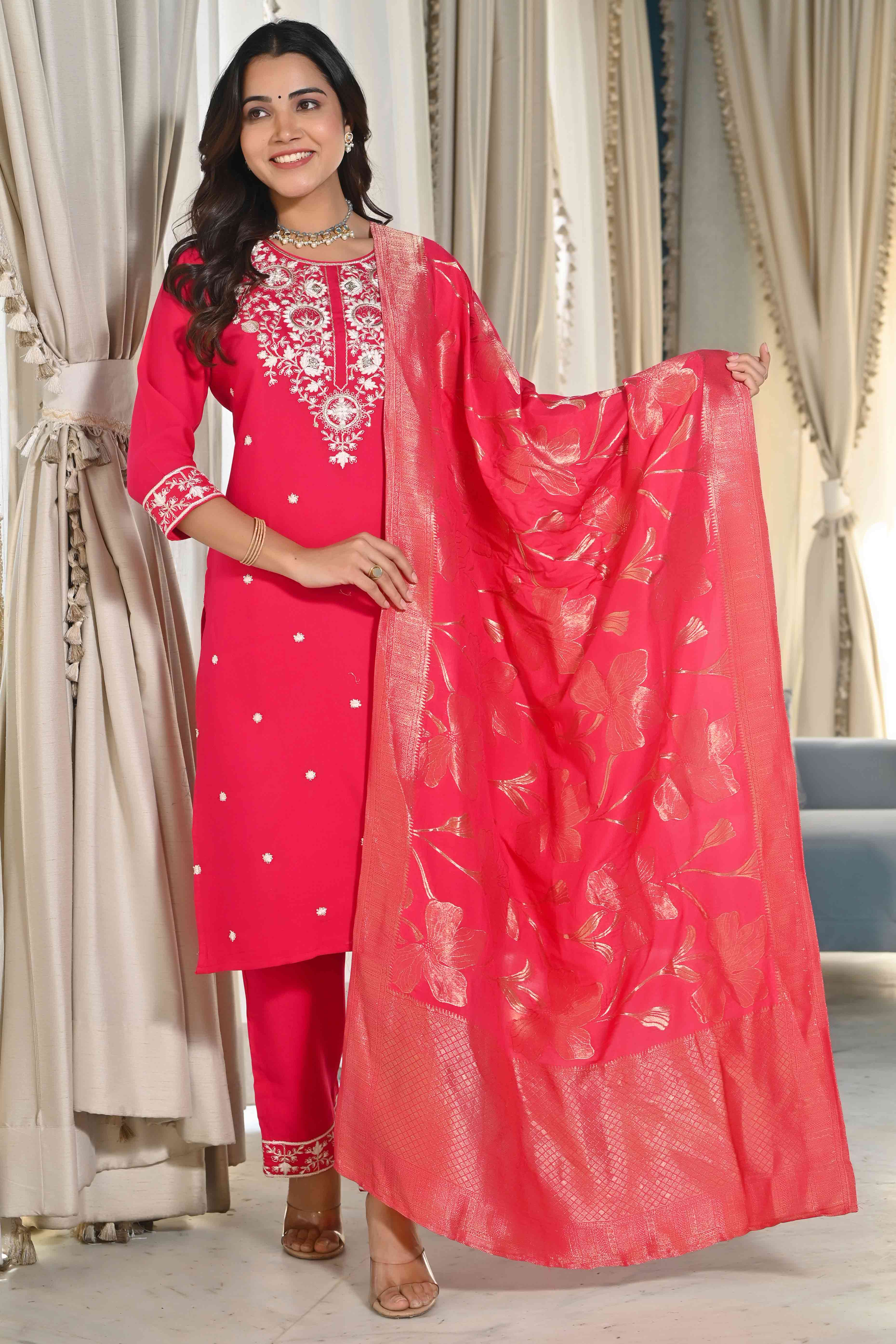 Pink Sequins Embroidered Cotton Silk Salwar Suit