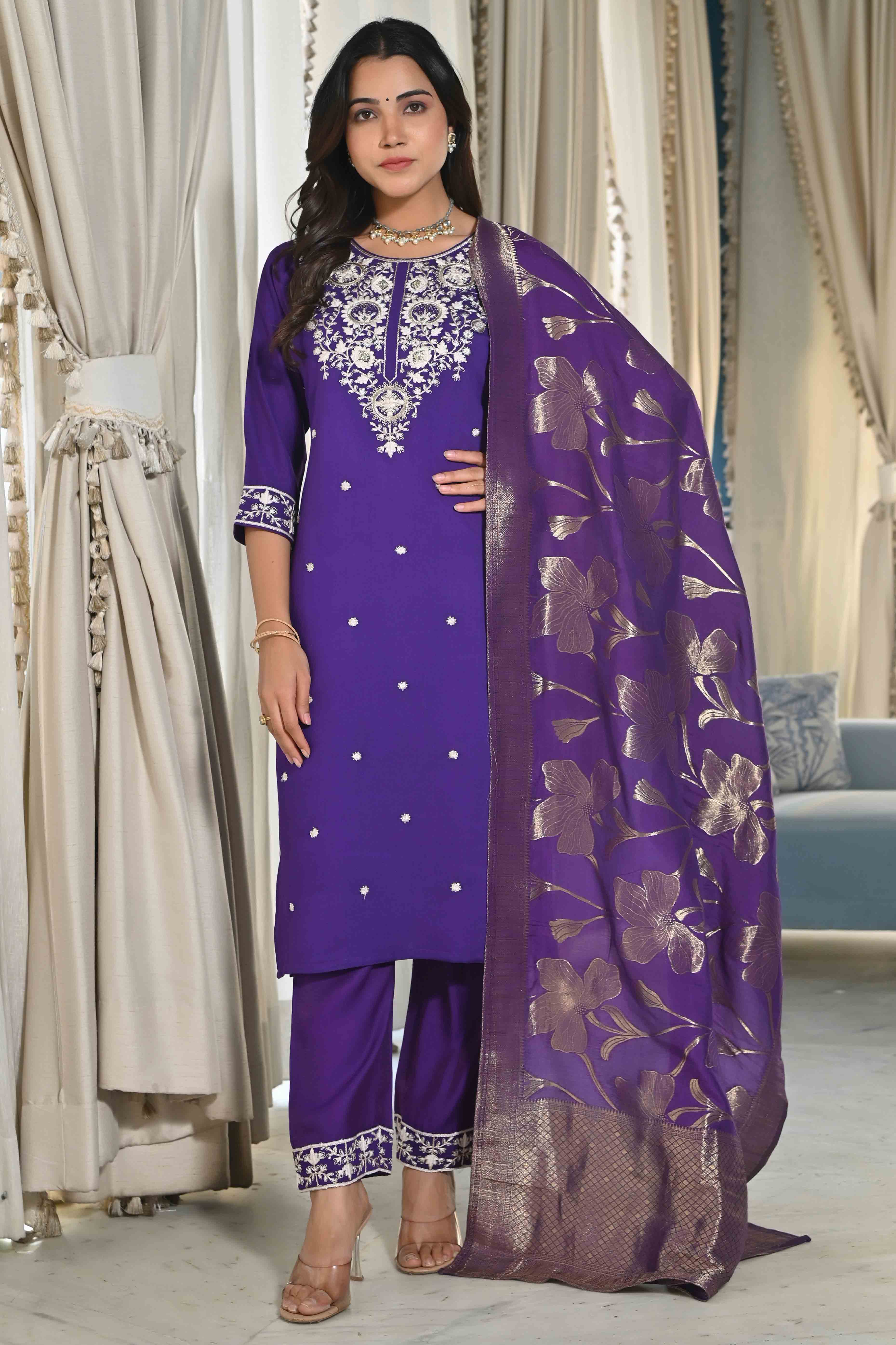 Violet Sequins Embroidered Cotton Silk Salwar Suit