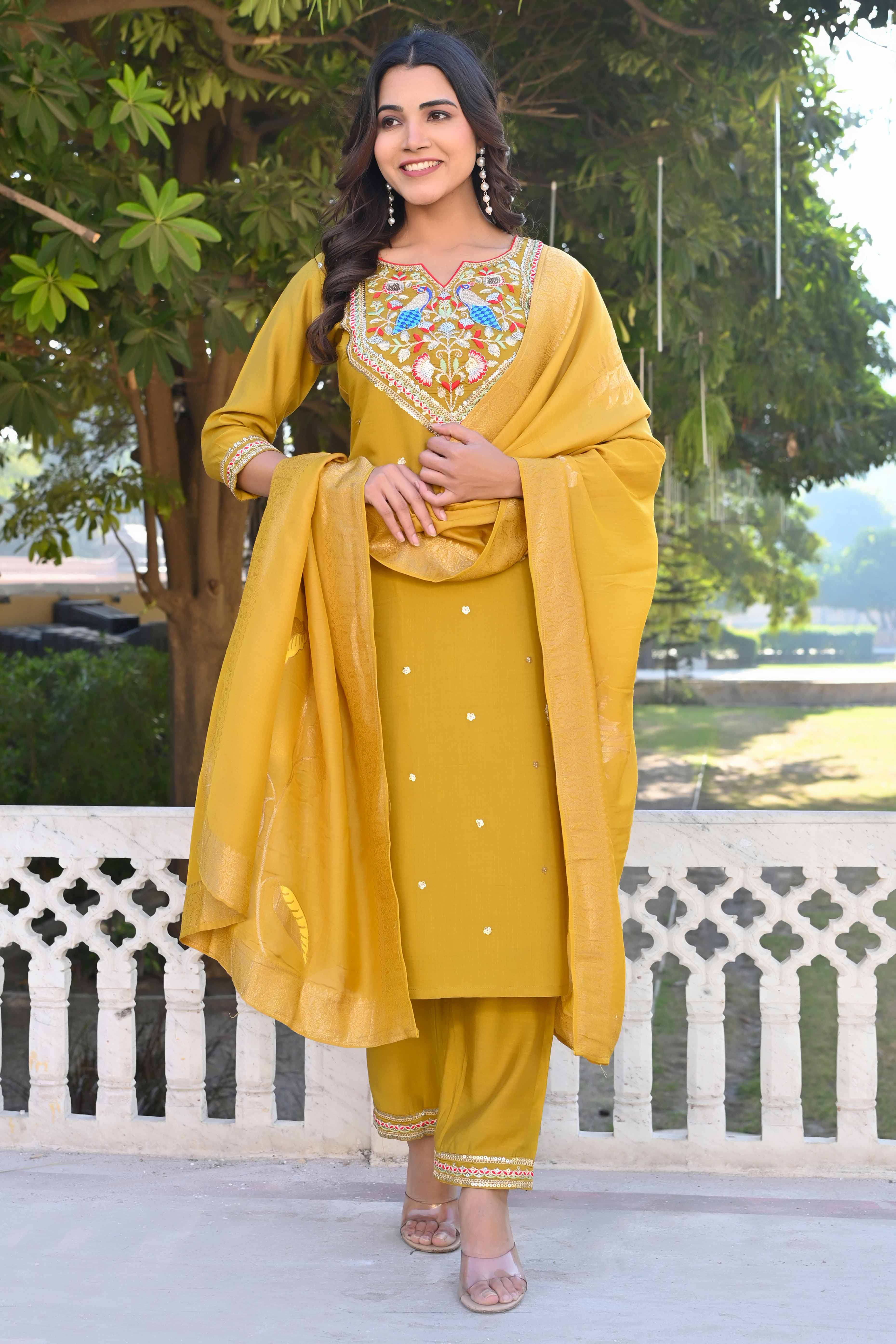 Mustard Sequins Embroidered Viscose Salwar Suit