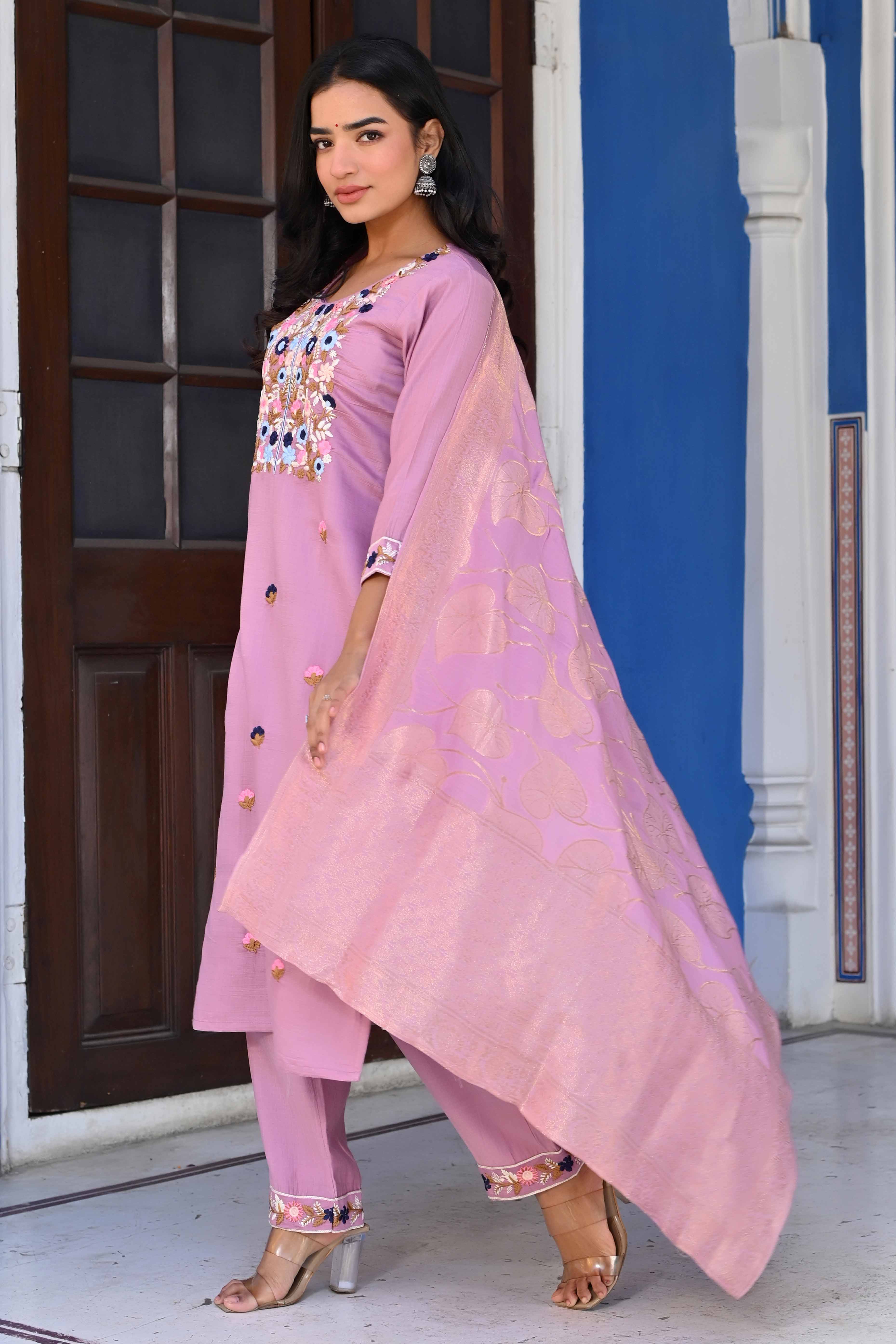 Lavender Sequins Embroidered Viscose Salwar Suit