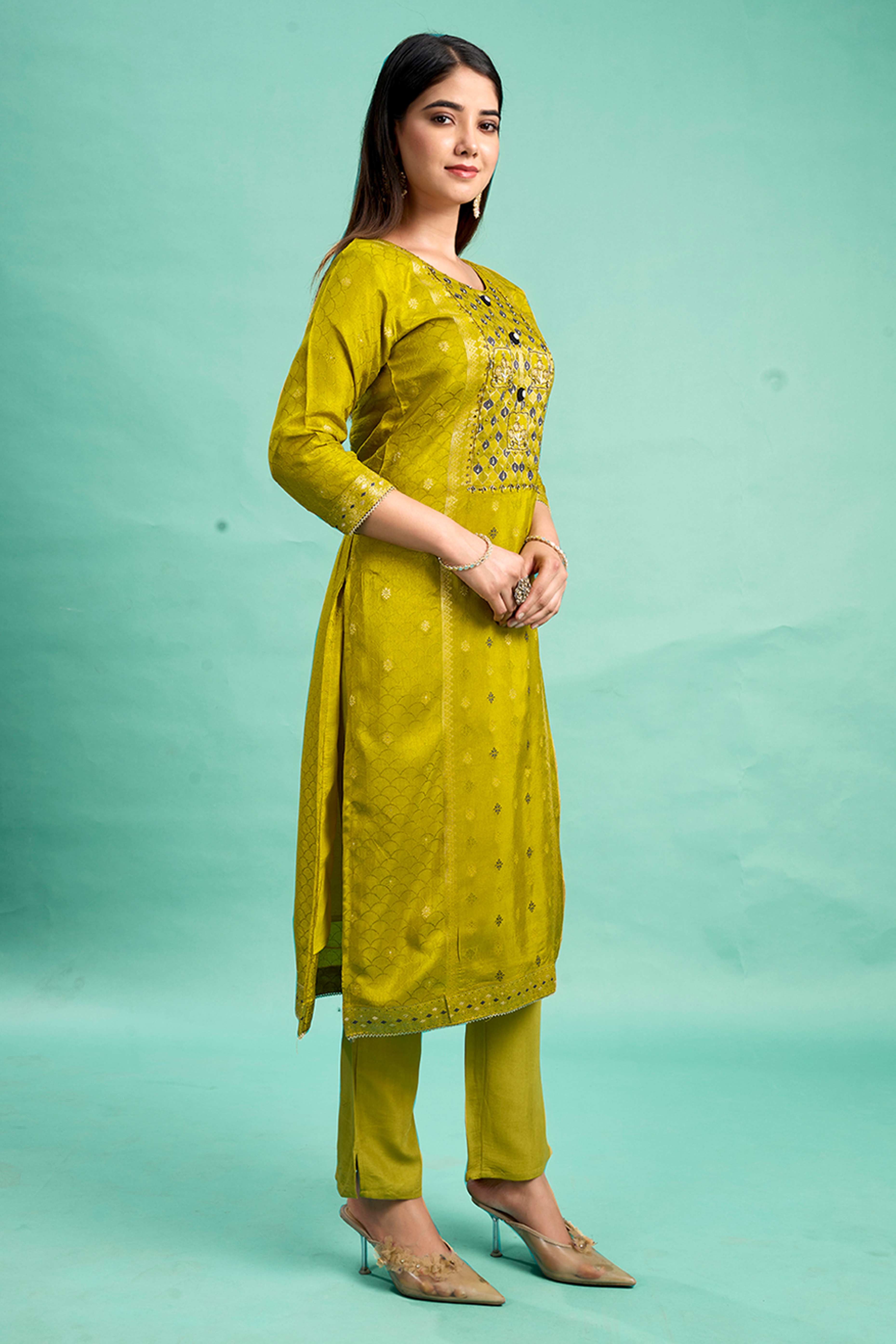 Olive Stone Work Weaving Pure Viscose Salwar Suit