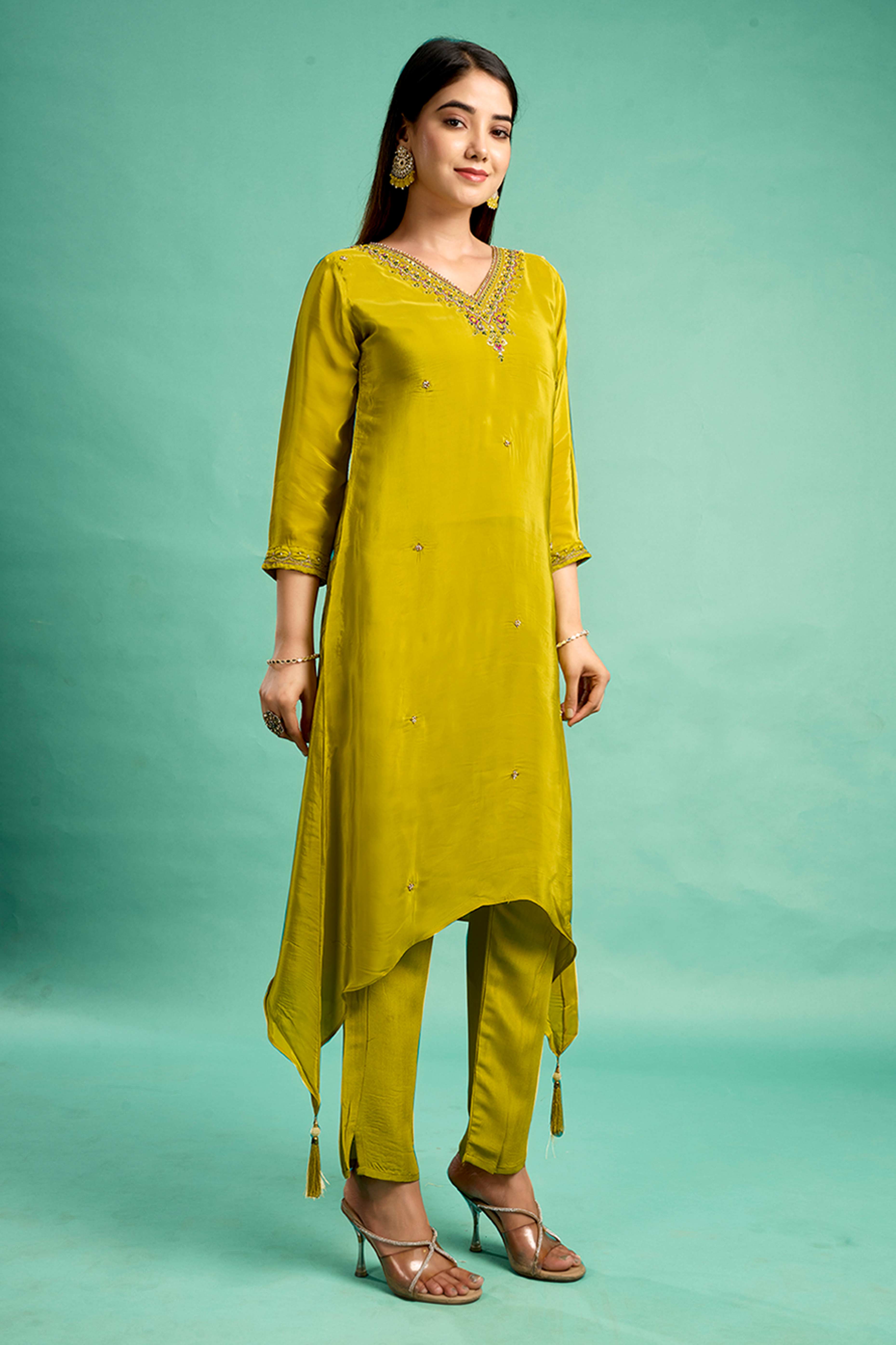 Green Sequins Embroidered Viscose Crepe Straight Salwar Suit