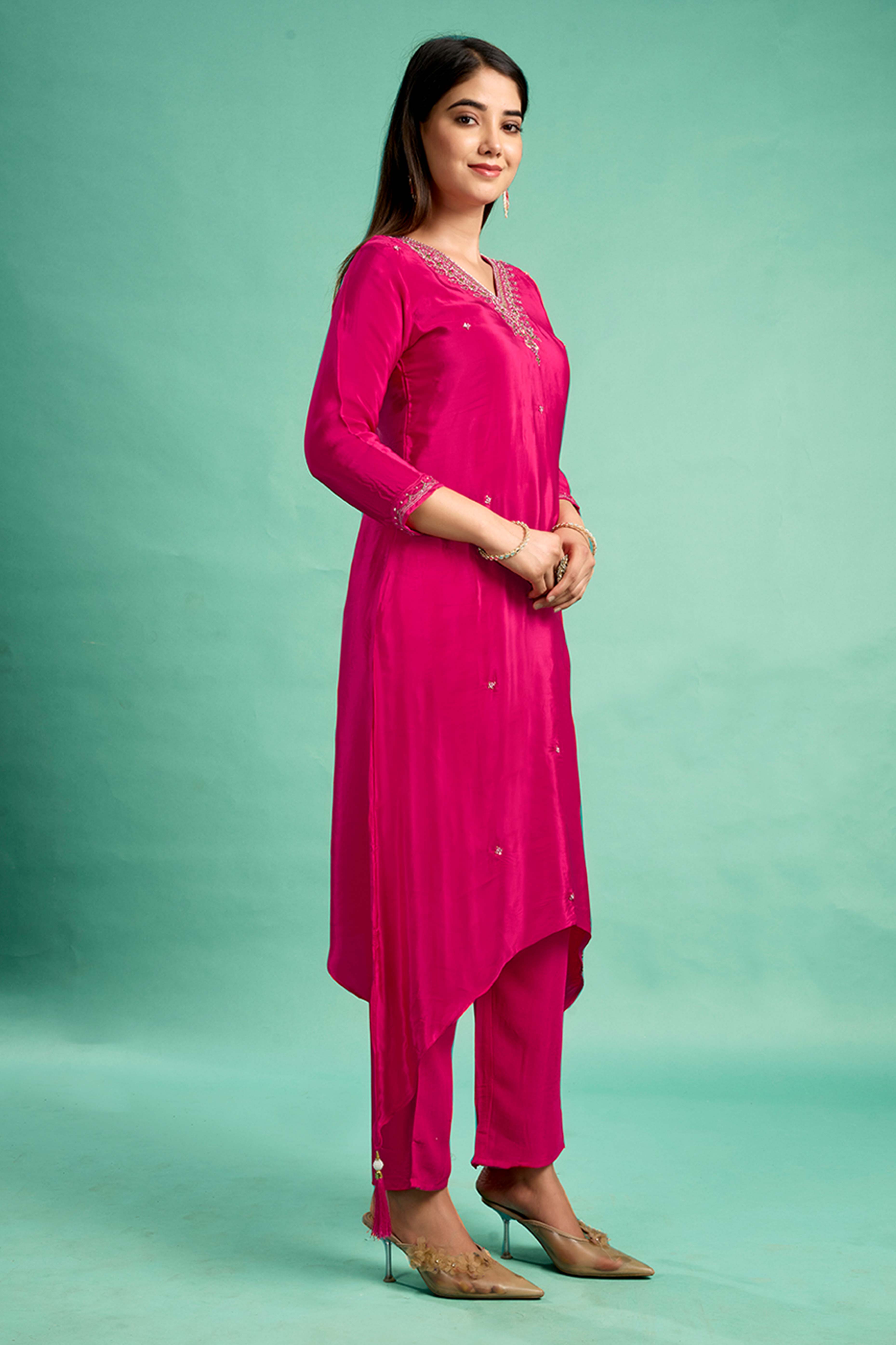 Rani Pink Sequins Embroidered Viscose Crepe Straight Salwar Suit