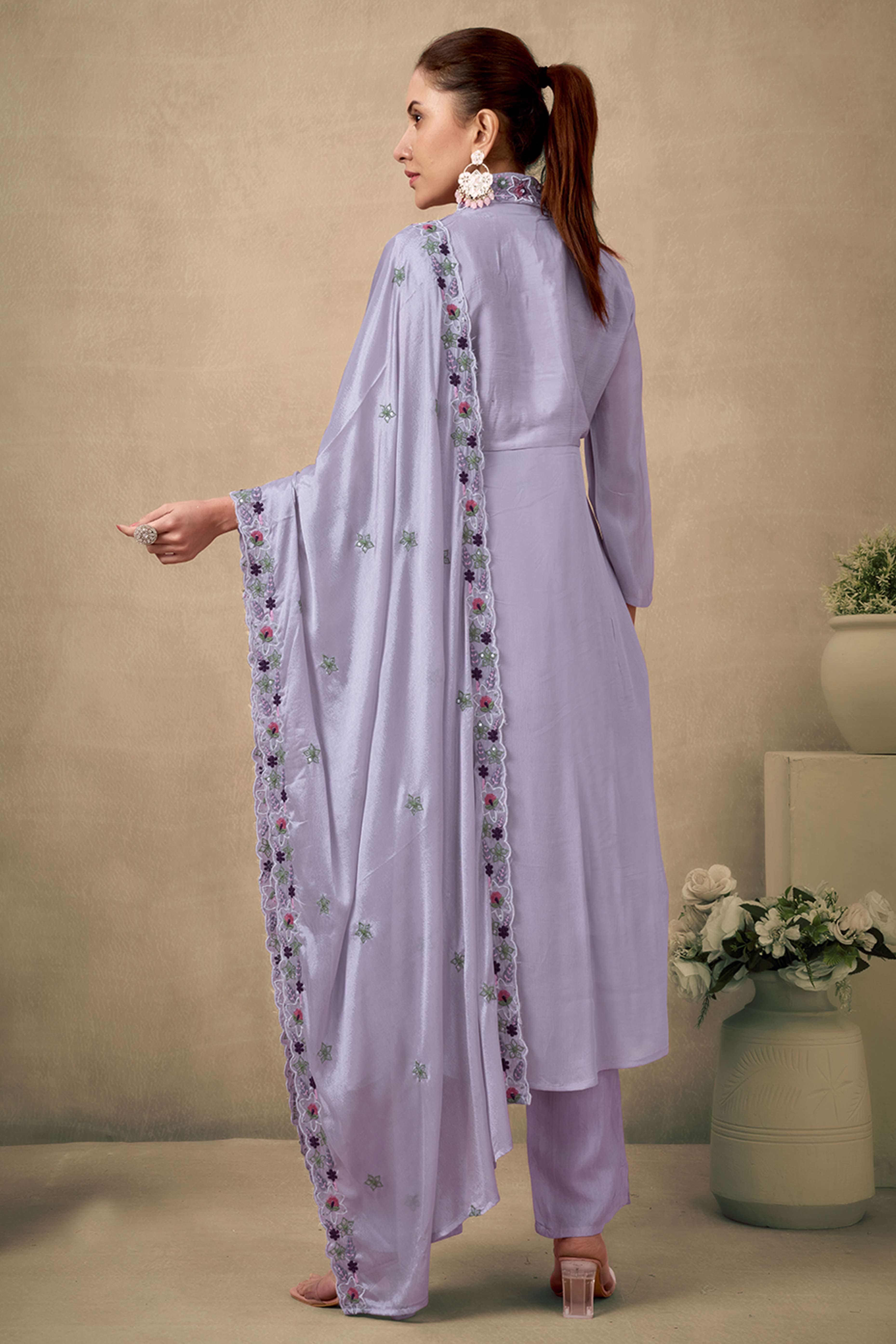 Grey Floral Embroidery With Handwork Viscose Anarkali Salwar Suit